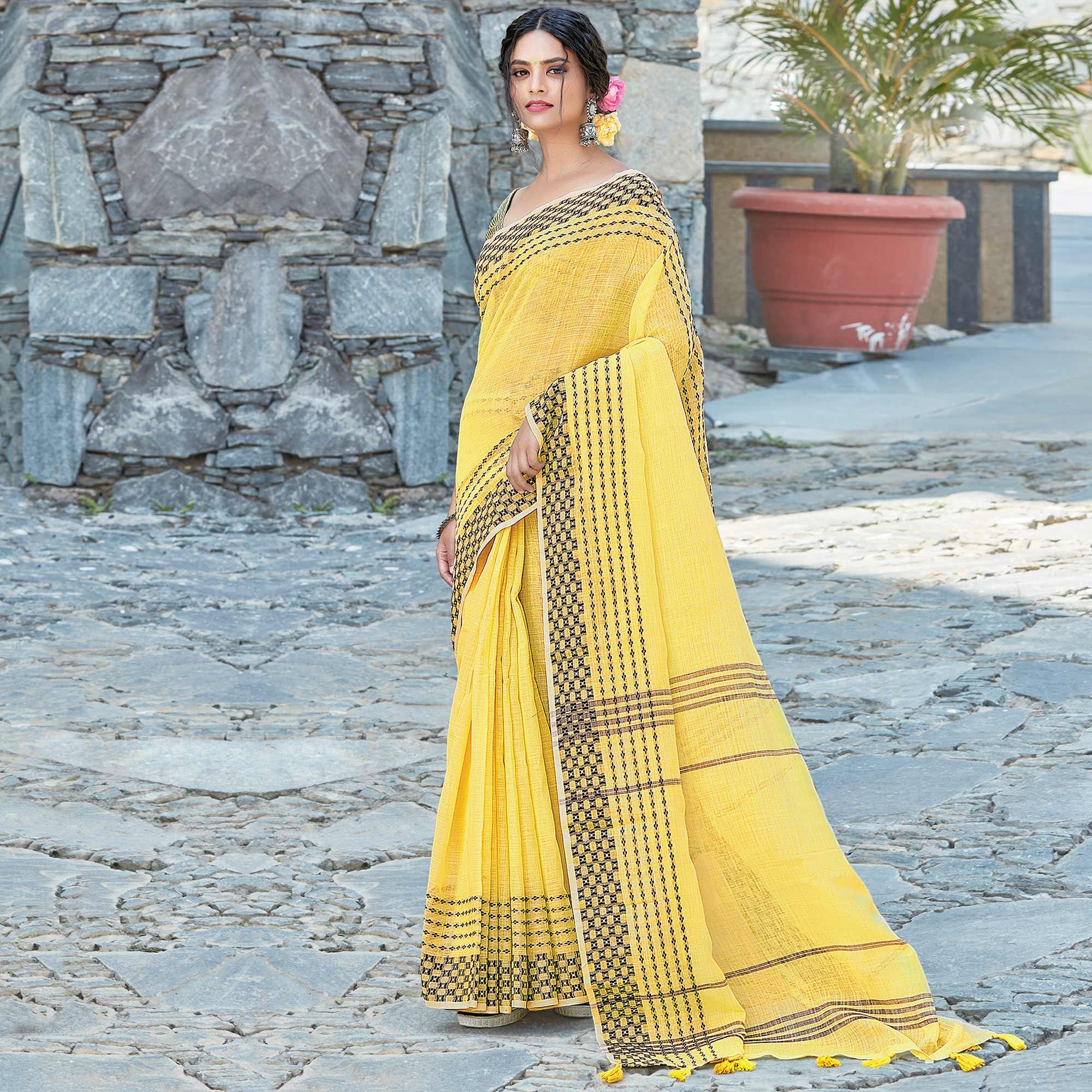 Yellow Festive Wear Printed Linen Saree - Peachmode