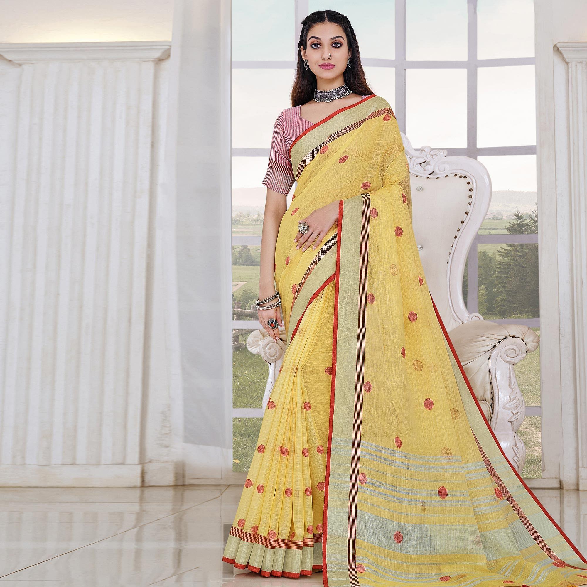 Yellow Festive Wear Printed Linen Saree - Peachmode