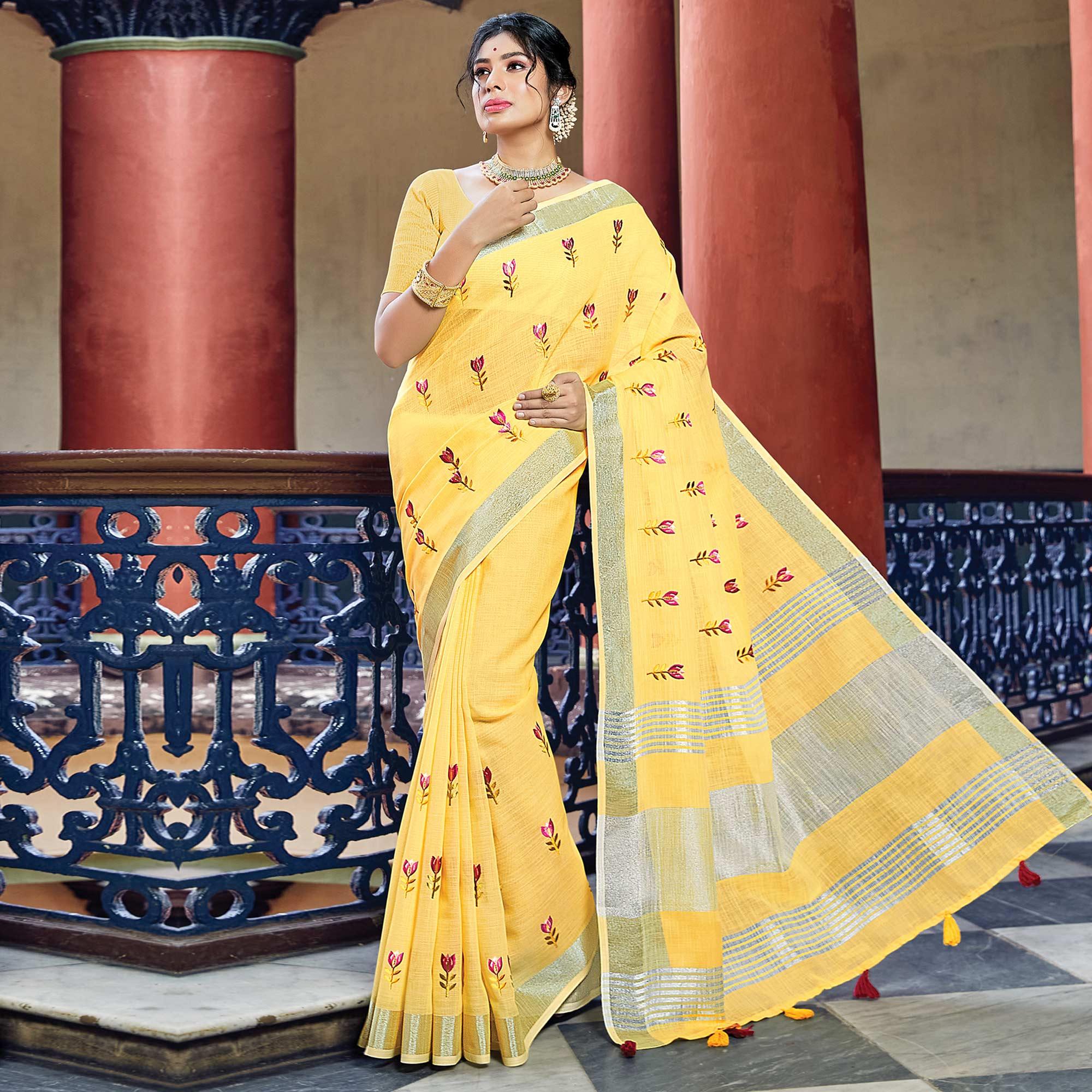 Yellow Festive Wear Printed Linen Saree - Peachmode