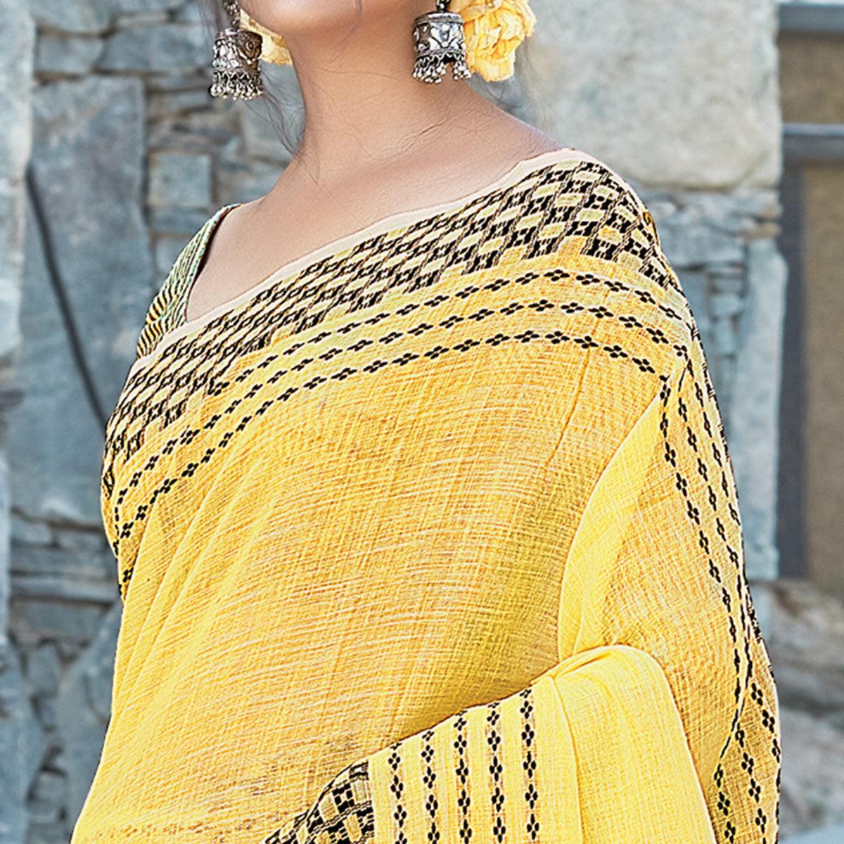 Yellow Festive Wear Printed Linen Saree - Peachmode