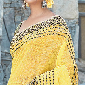 Yellow Festive Wear Printed Linen Saree - Peachmode