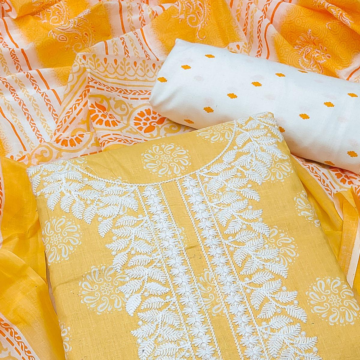Yellow Festive Wear Printed With Embroidered Cotton Dress Material - Peachmode