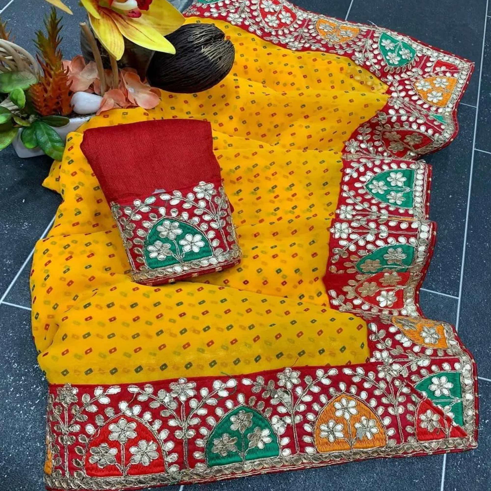 Yellow Festive Wear Printed With Gota Lace Gerogatte Saree - Peachmode