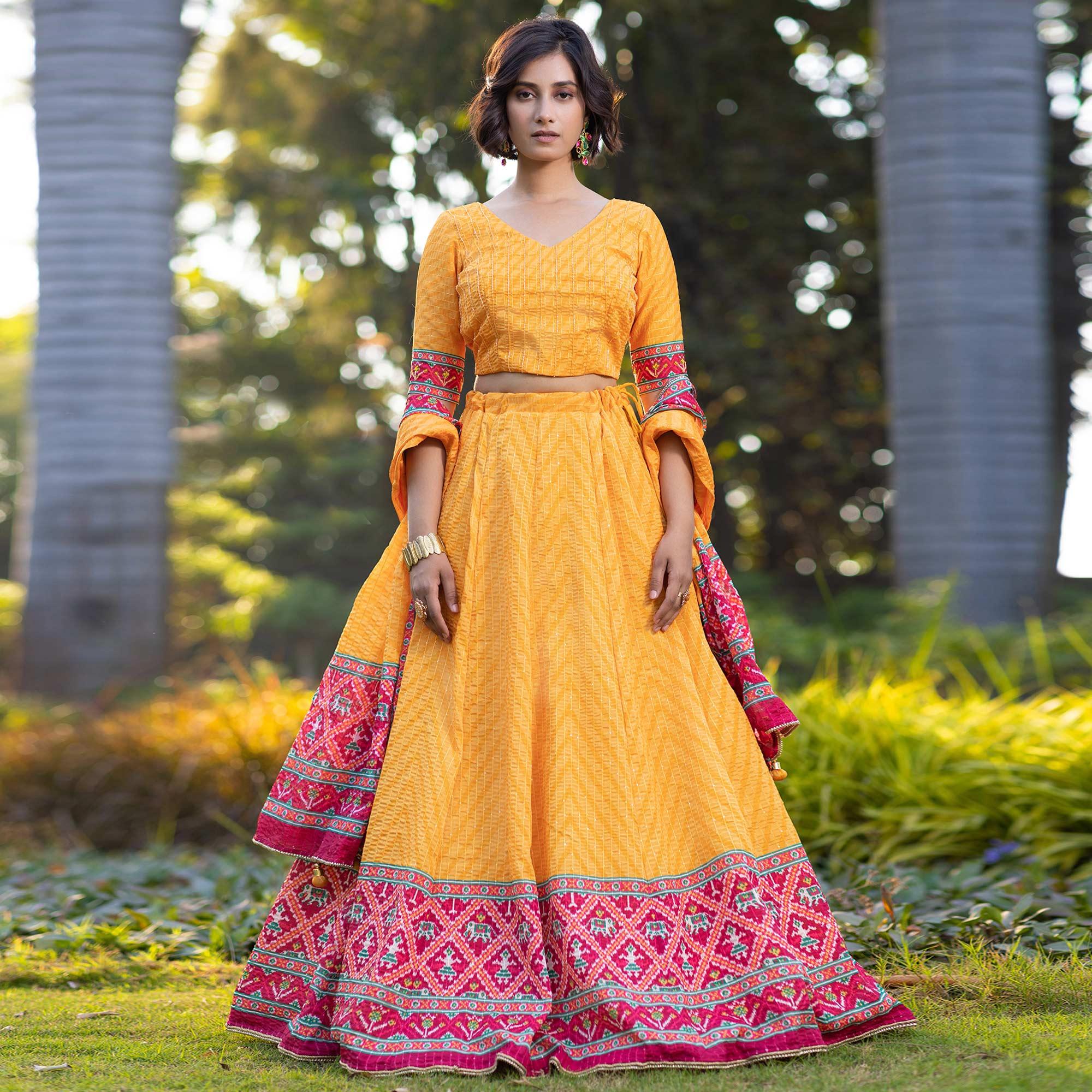Yellow Festive Wear Printed With Sequence Embroidered Muslin Lehenga Choli - Peachmode