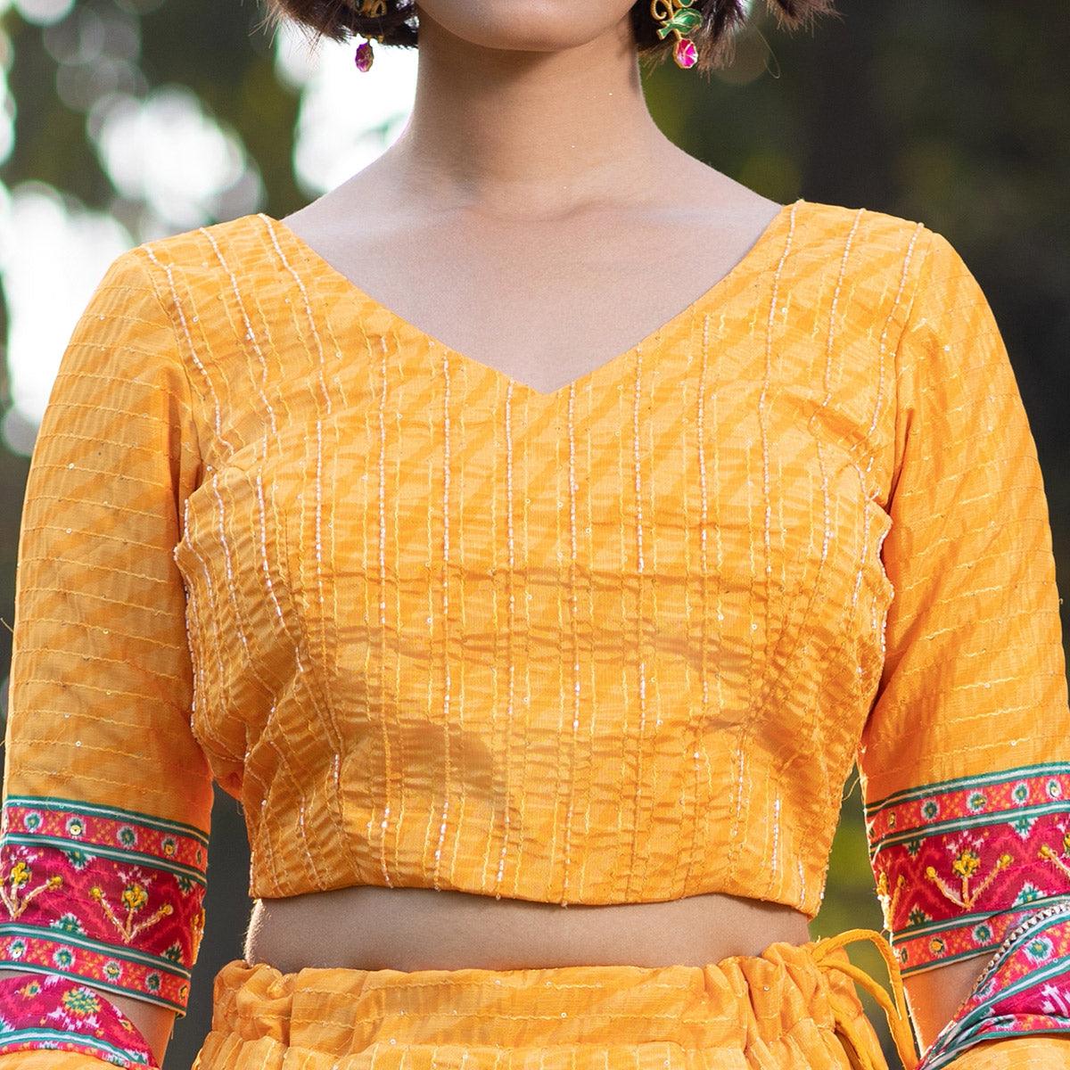 Yellow Festive Wear Printed With Sequence Embroidered Muslin Lehenga Choli - Peachmode