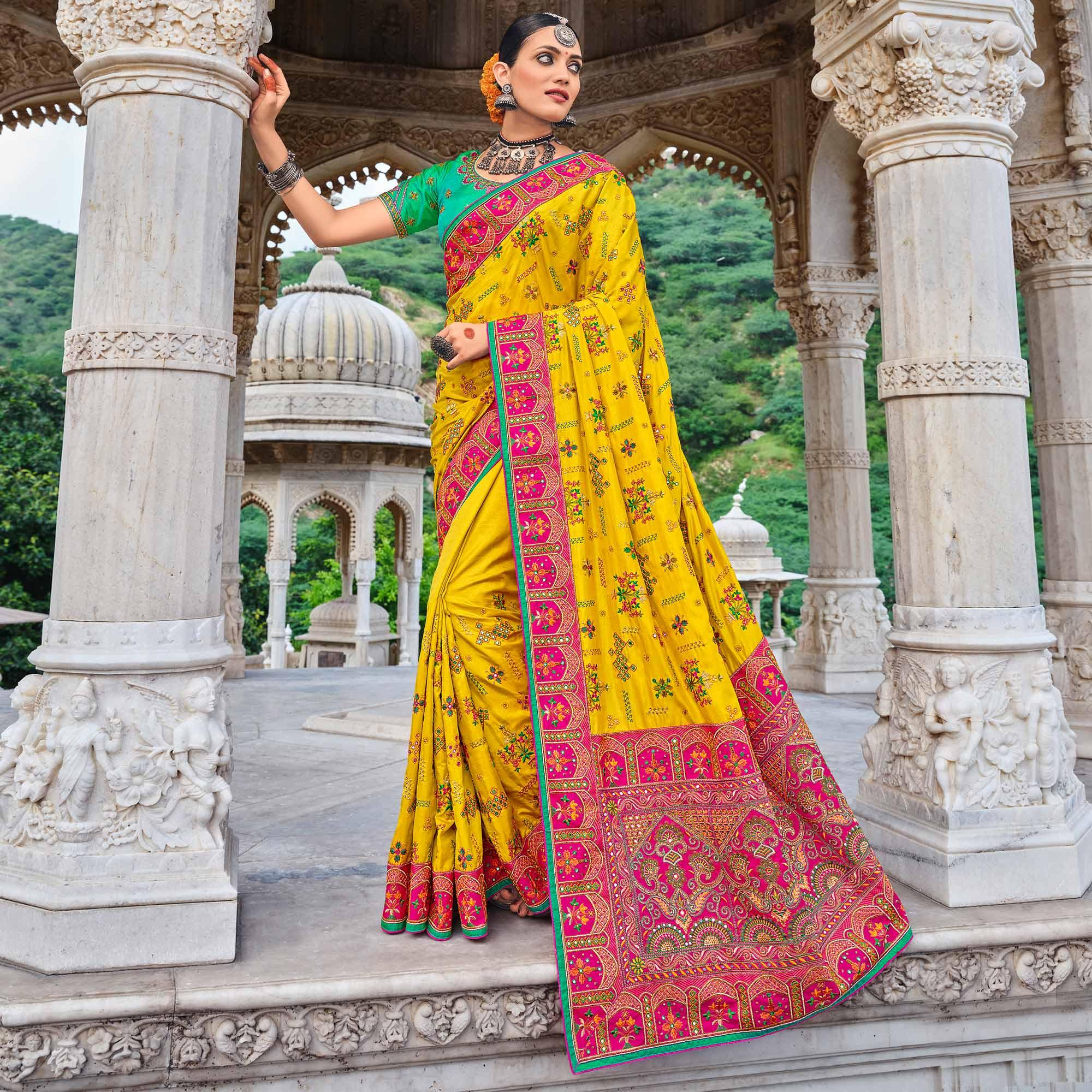 Yellow Festive Wear Pure Kachhi Embellished Pure Satin Saree - Peachmode