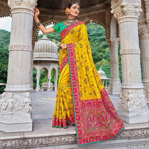 Yellow Festive Wear Pure Kachhi Embellished Pure Satin Saree - Peachmode