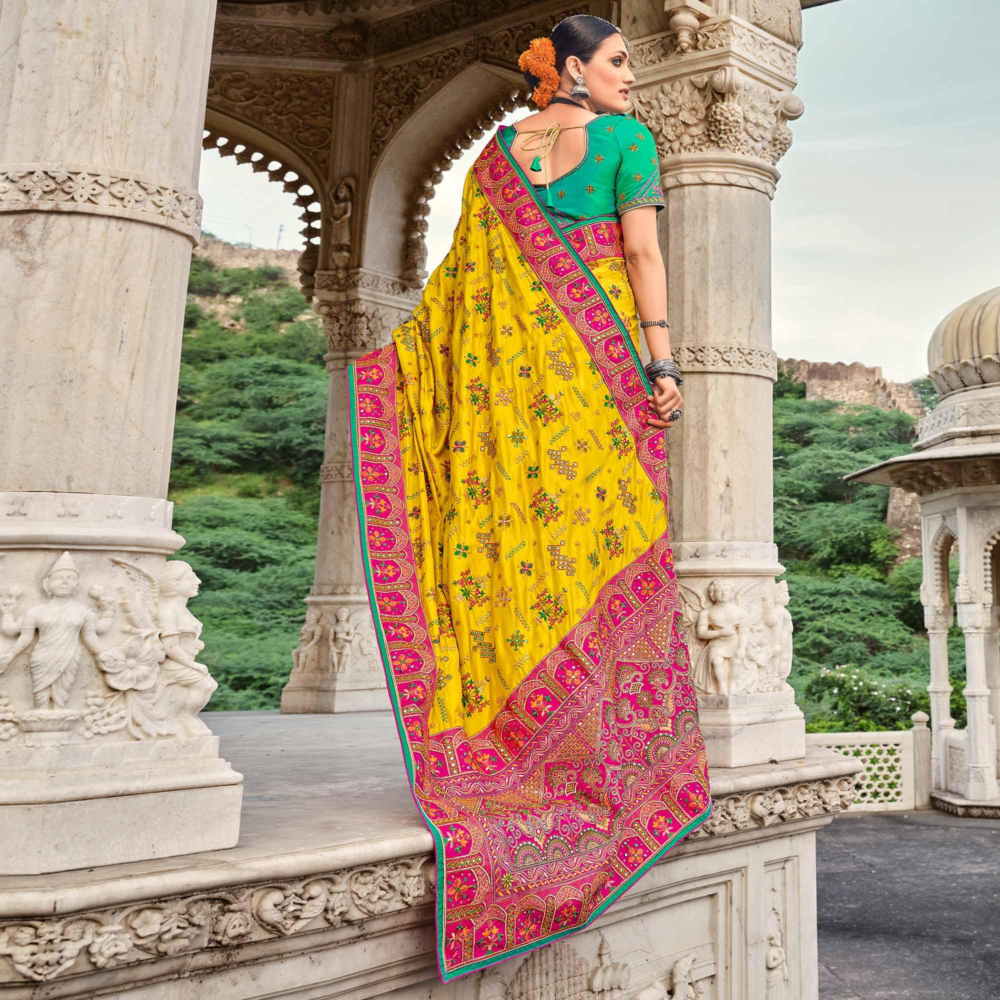 Yellow Festive Wear Pure Kachhi Embellished Pure Satin Saree - Peachmode