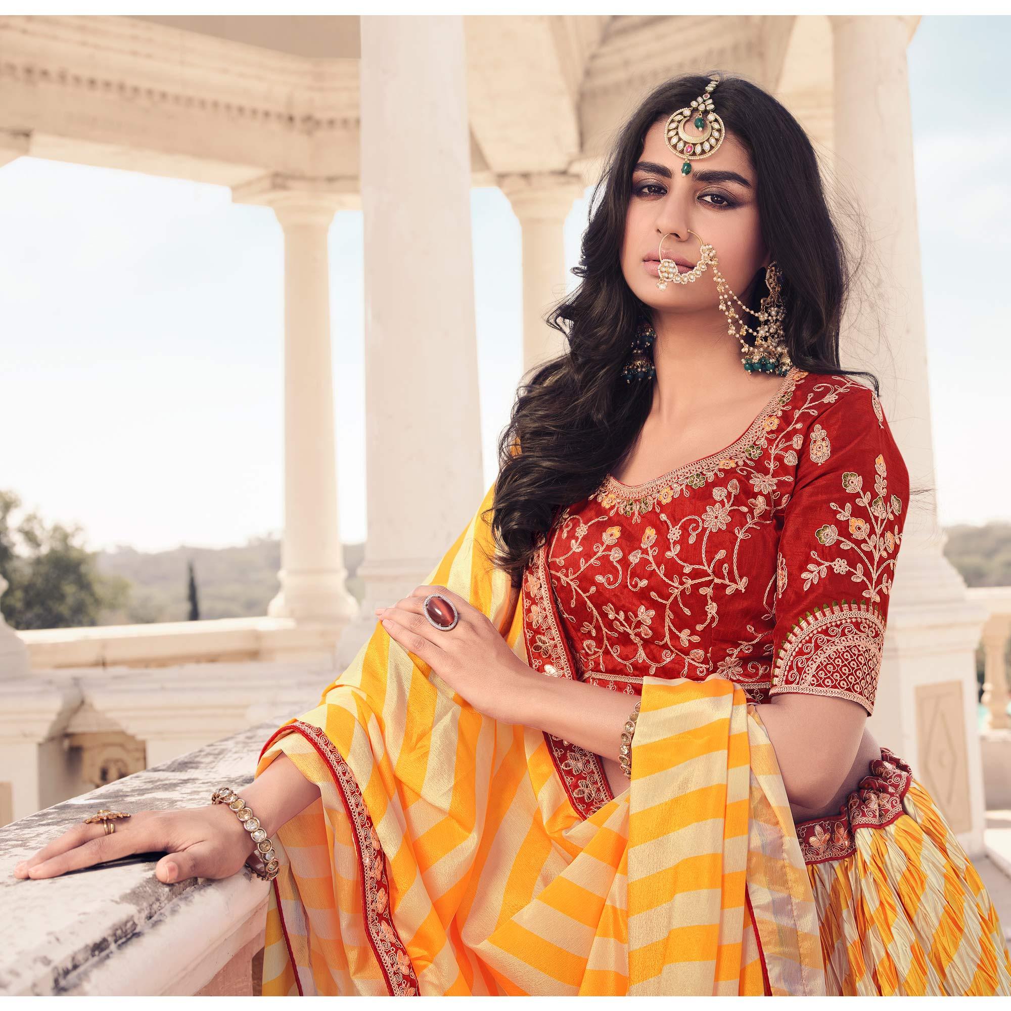 Yellow Festive Wear Satin Digital Striped Lehenga Choli - Peachmode