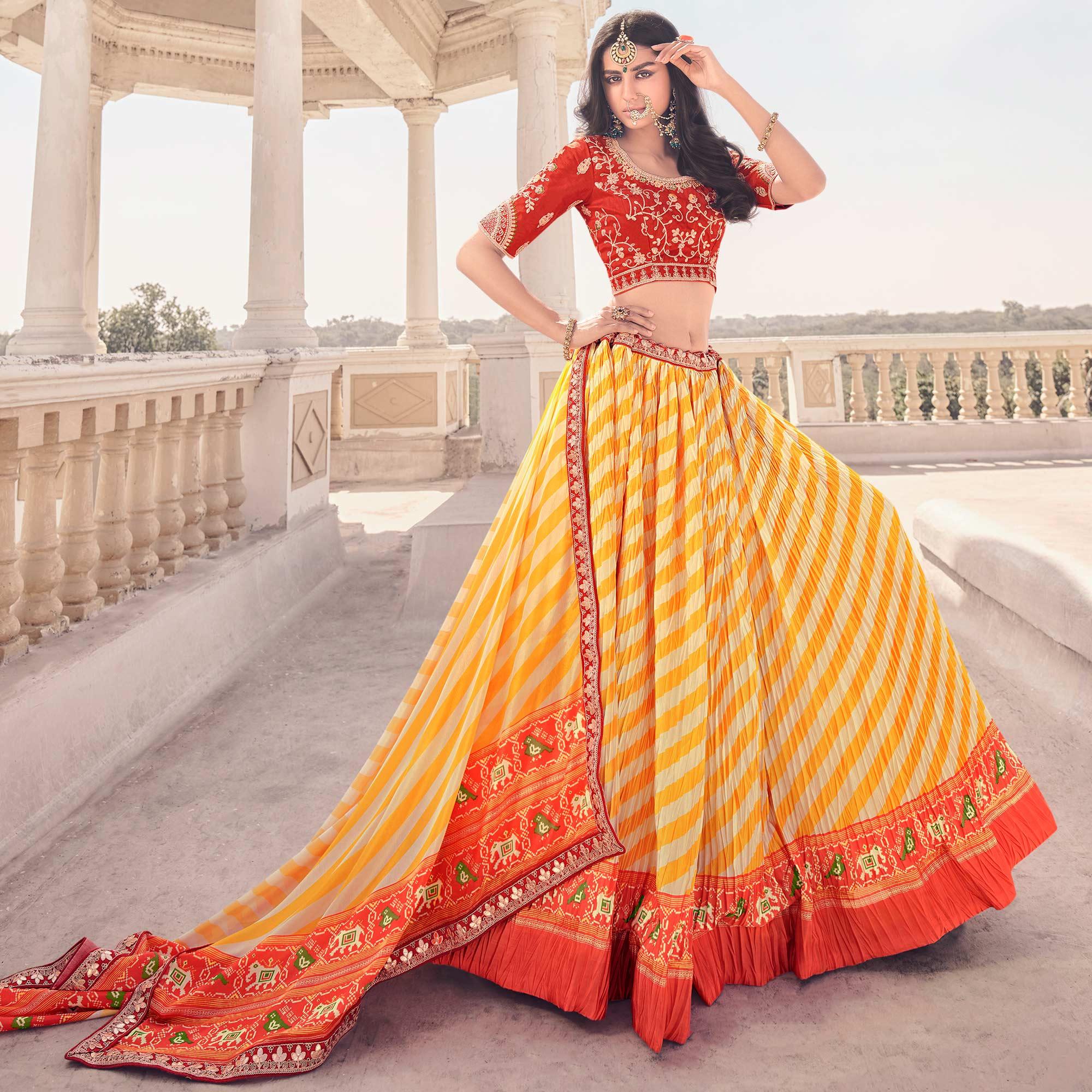 Yellow Festive Wear Satin Digital Striped Lehenga Choli - Peachmode