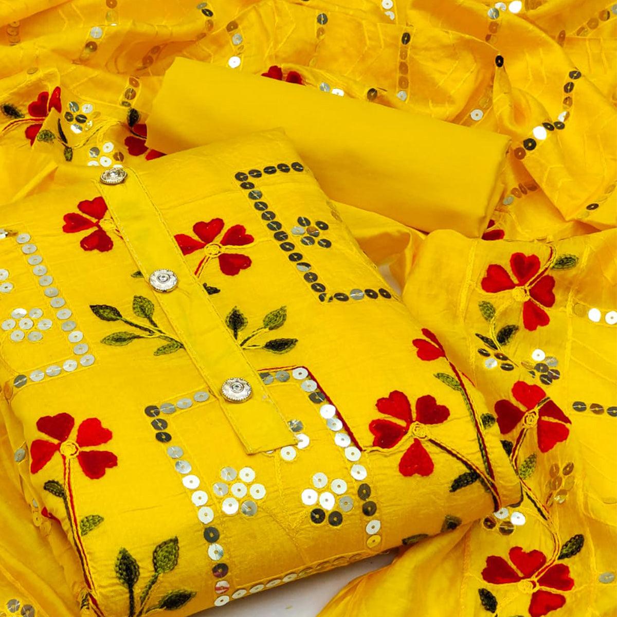 Yellow Festive Wear Sequence Embroidered Chanderi Dress Material - Peachmode