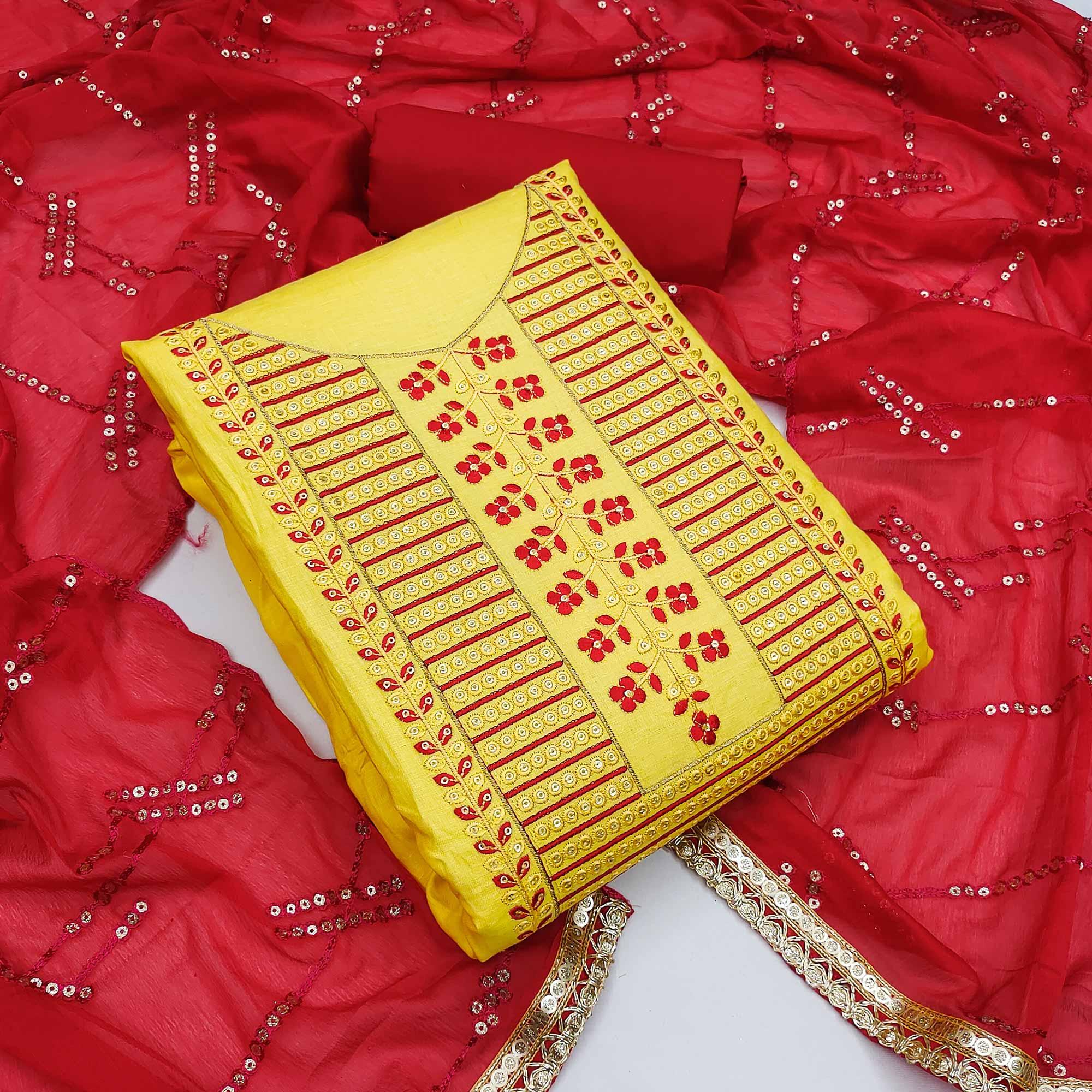 Yellow Festive Wear Sequence Embroidered Cotton Dress Material - Peachmode