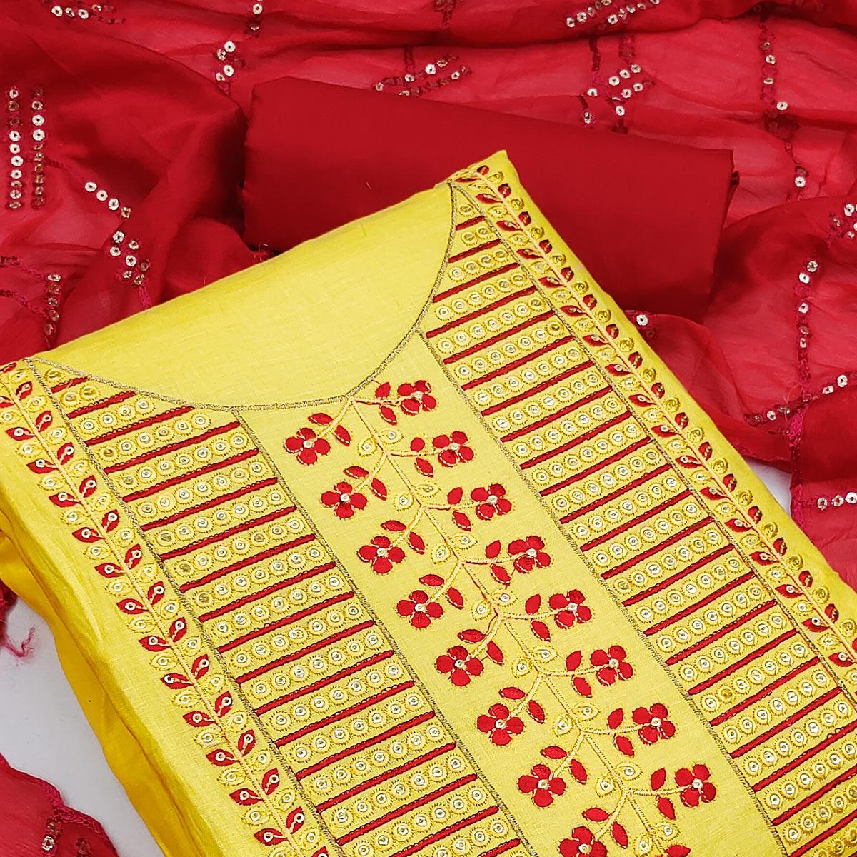 Yellow Festive Wear Sequence Embroidered Cotton Dress Material - Peachmode