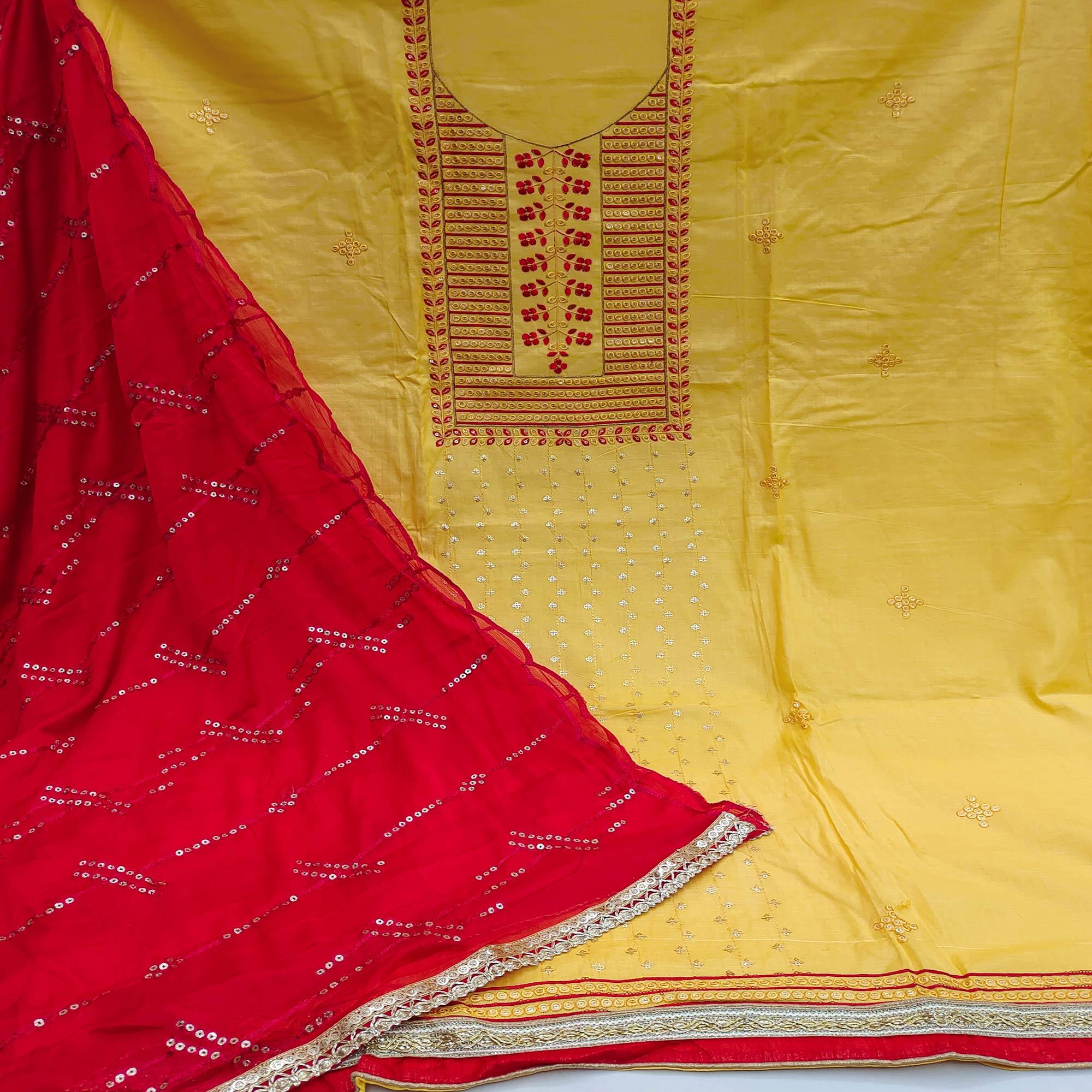 Yellow Festive Wear Sequence Embroidered Cotton Dress Material - Peachmode