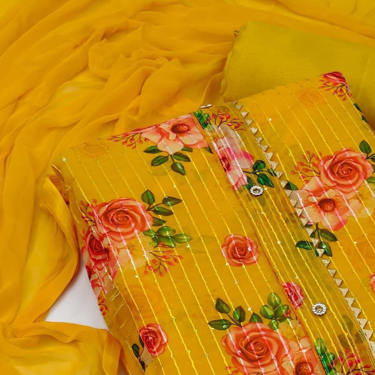 Yellow Festive Wear Sequence Embroidered Georgette Dress Material - Peachmode