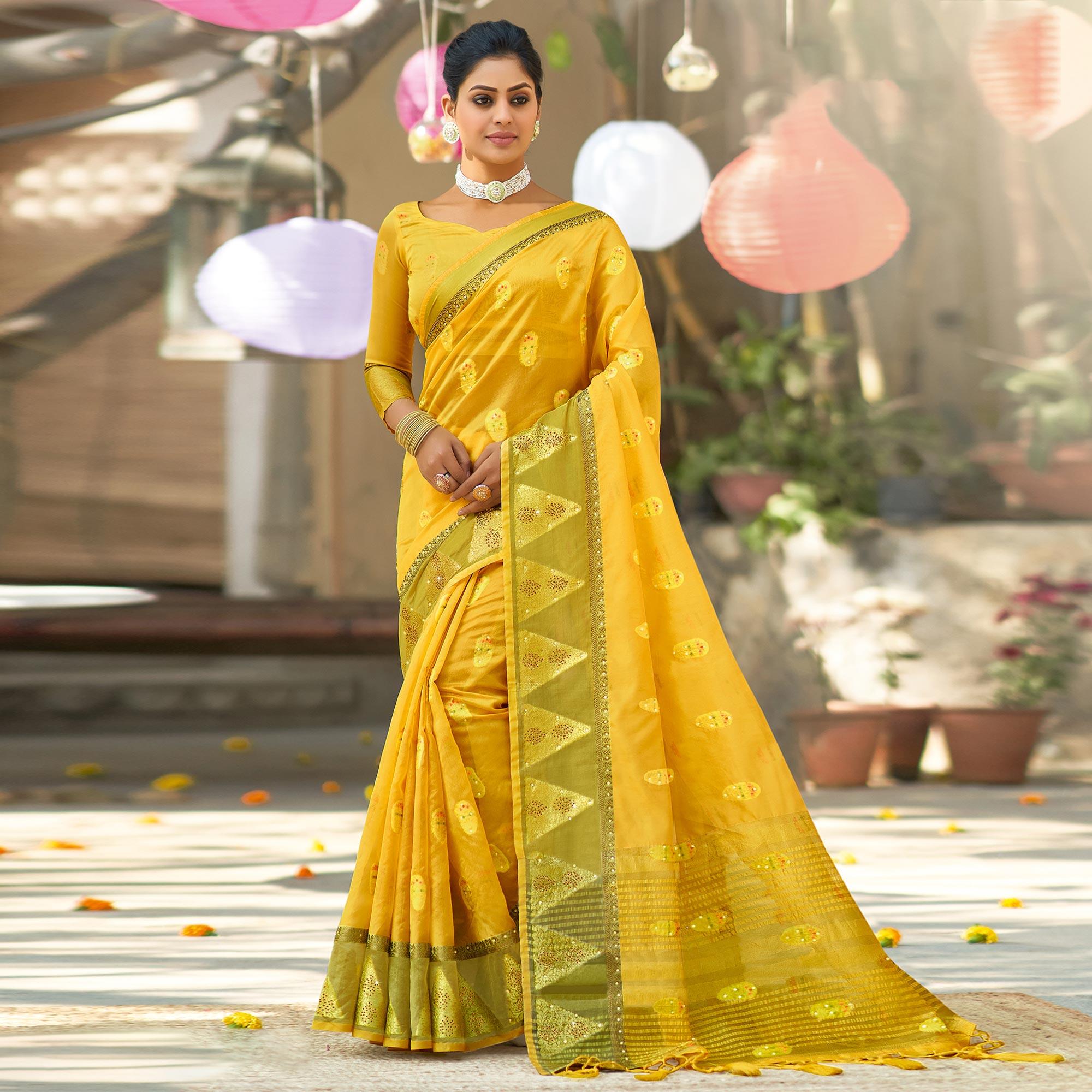 Yellow Festive Wear Sequence Embroidered Organza Saree - Peachmode