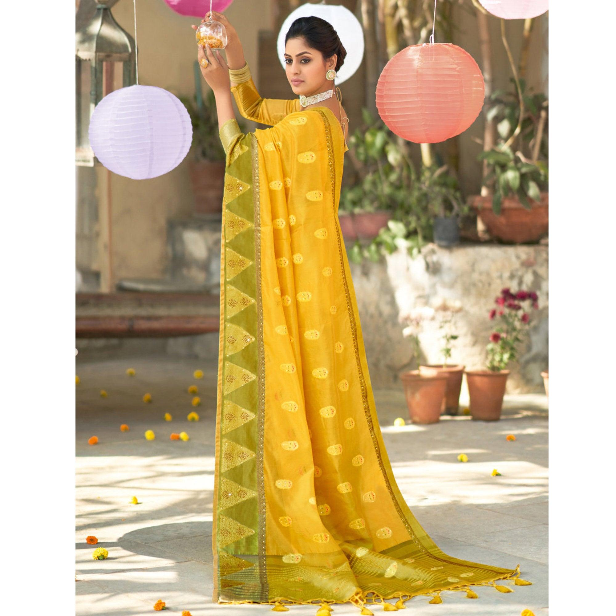 Yellow Festive Wear Sequence Embroidered Organza Saree - Peachmode