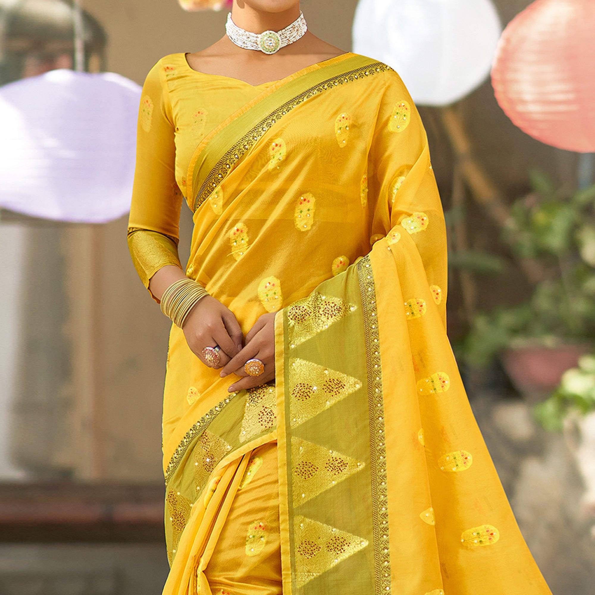 Yellow Festive Wear Sequence Embroidered Organza Saree - Peachmode