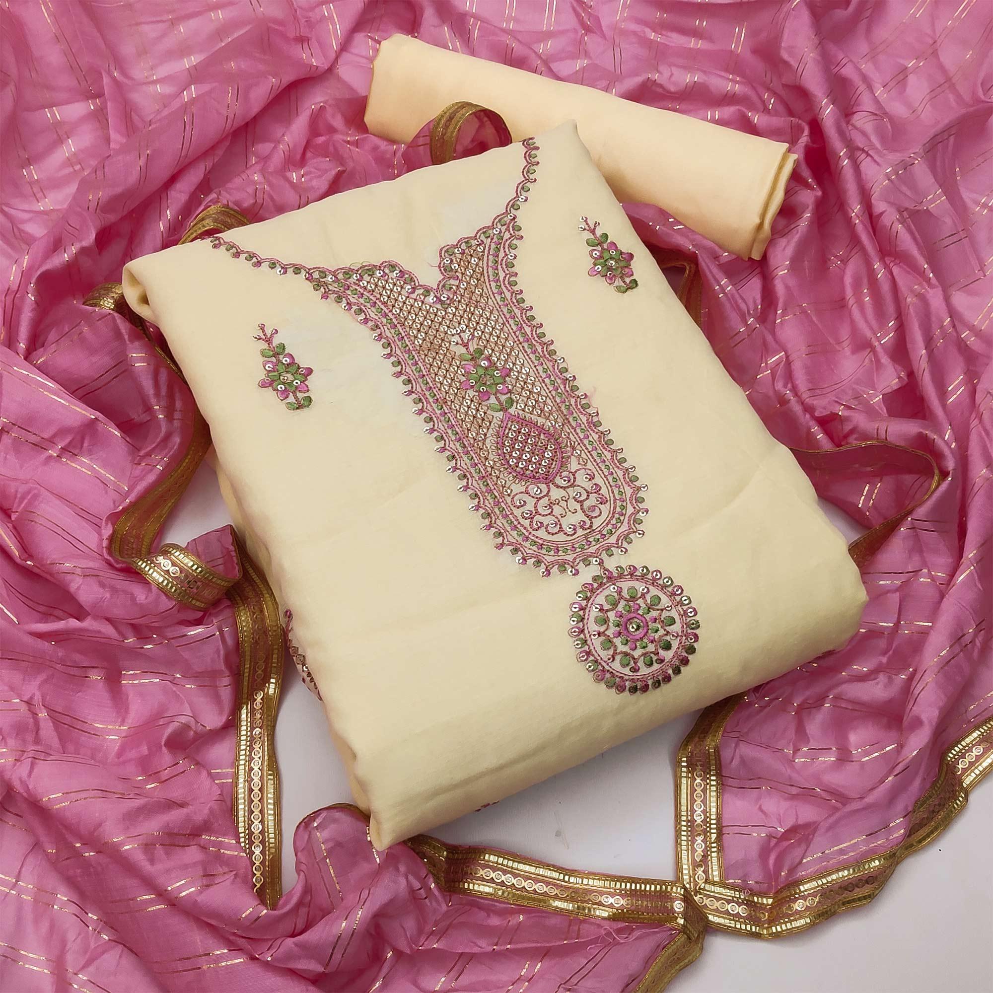 Yellow Festive Wear Sequence Embroidery With Handwork Modal Chanderi Dress Material - Peachmode