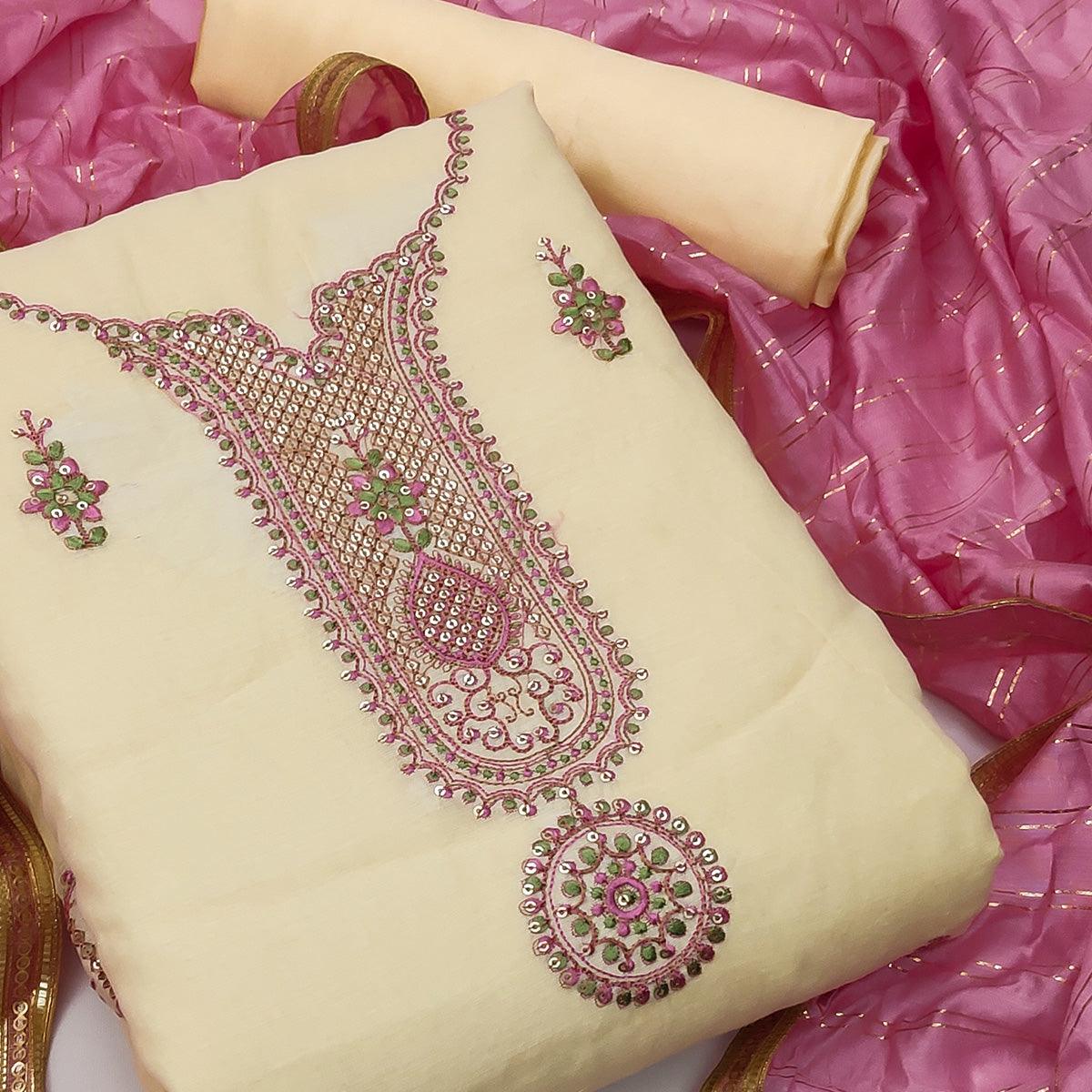 Yellow Festive Wear Sequence Embroidery With Handwork Modal Chanderi Dress Material - Peachmode