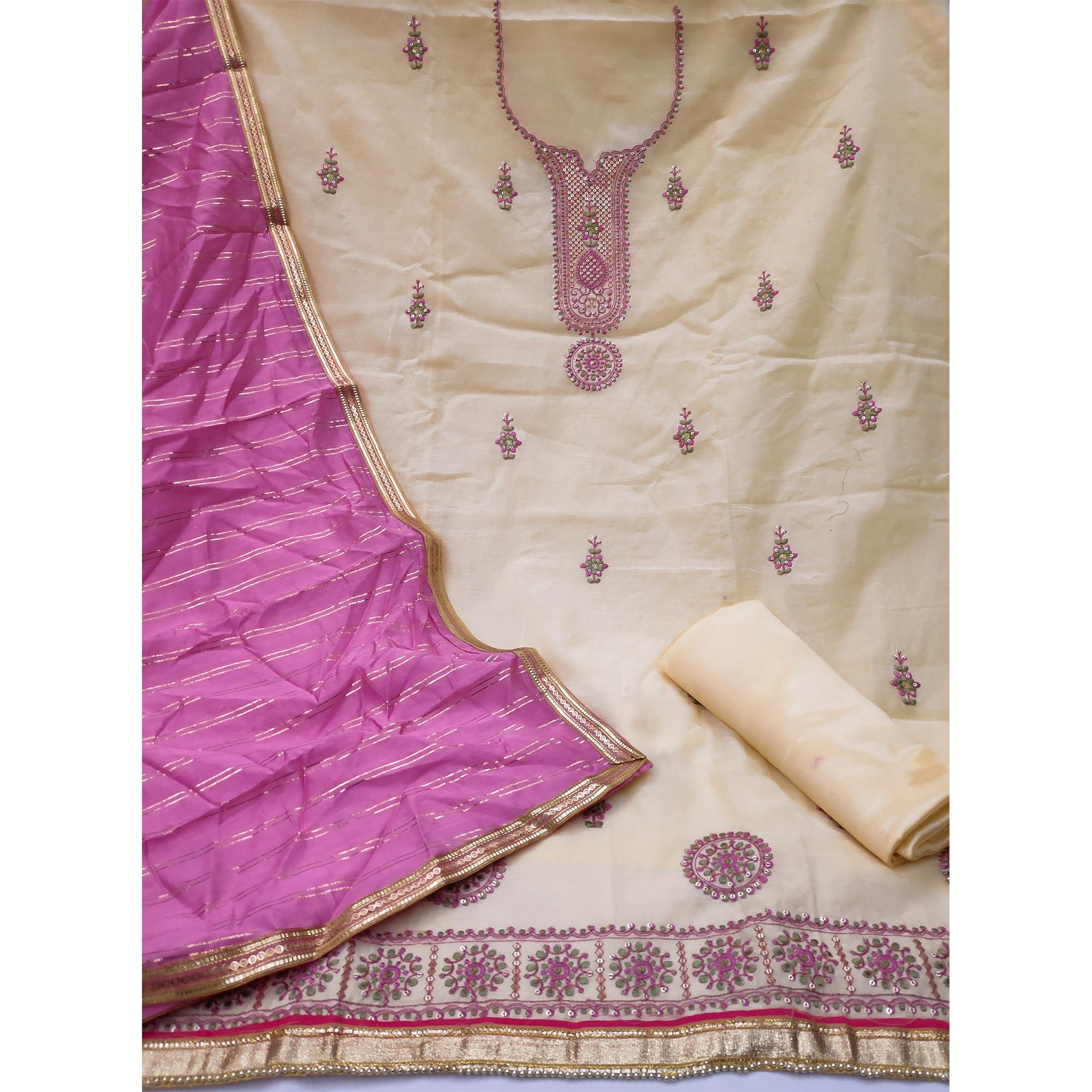 Yellow Festive Wear Sequence Embroidery With Handwork Modal Chanderi Dress Material - Peachmode