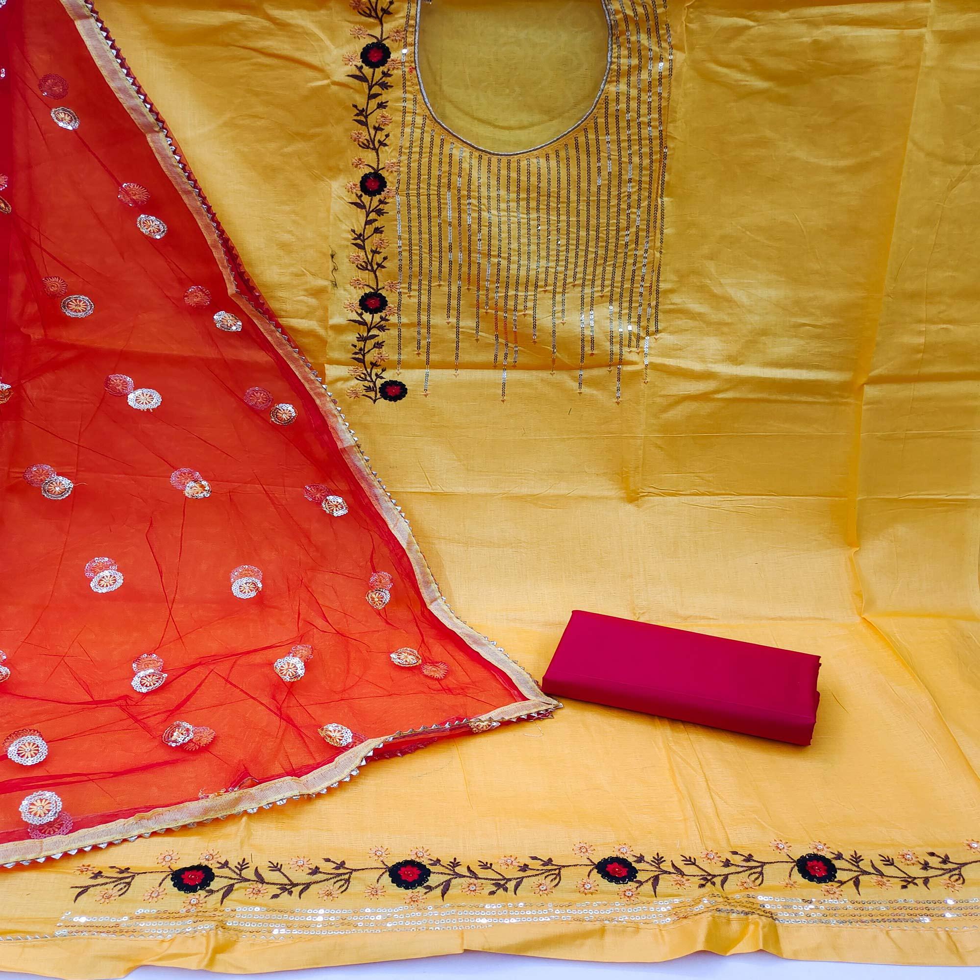 Yellow Festive Wear Sequence With Floral Embroidered Cotton Dress Material - Peachmode