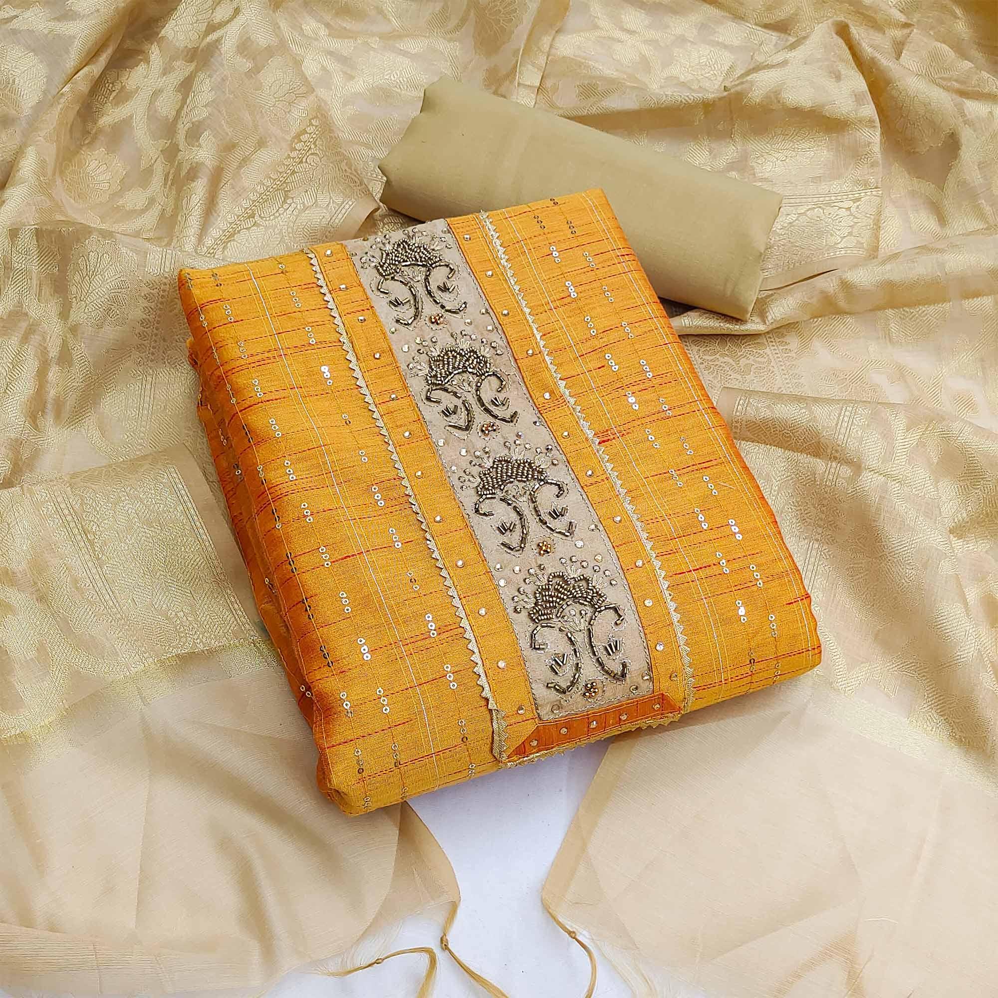 Yellow Festive Wear Sequence Work Chanderi Dress Material - Peachmode