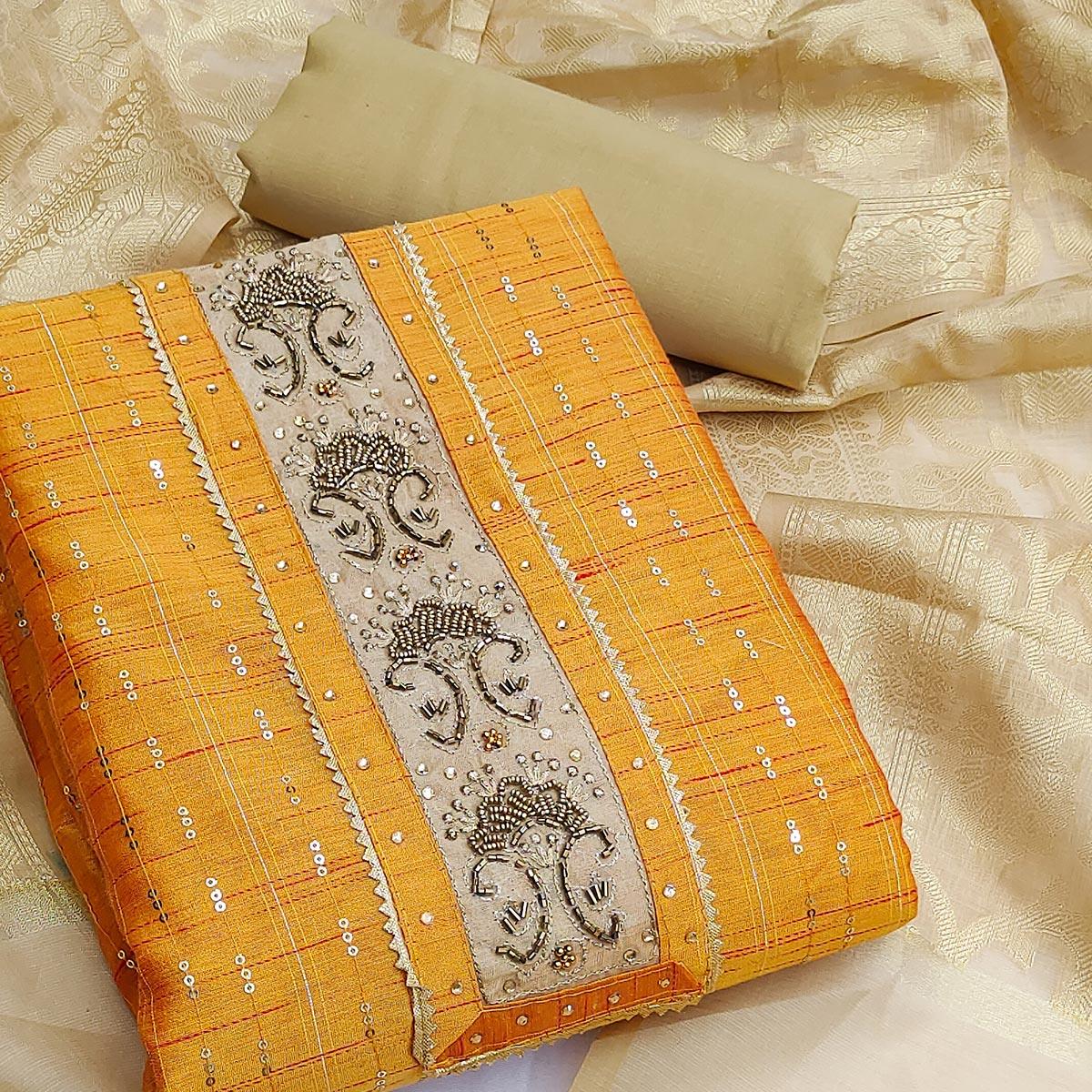Yellow Festive Wear Sequence Work Chanderi Dress Material - Peachmode