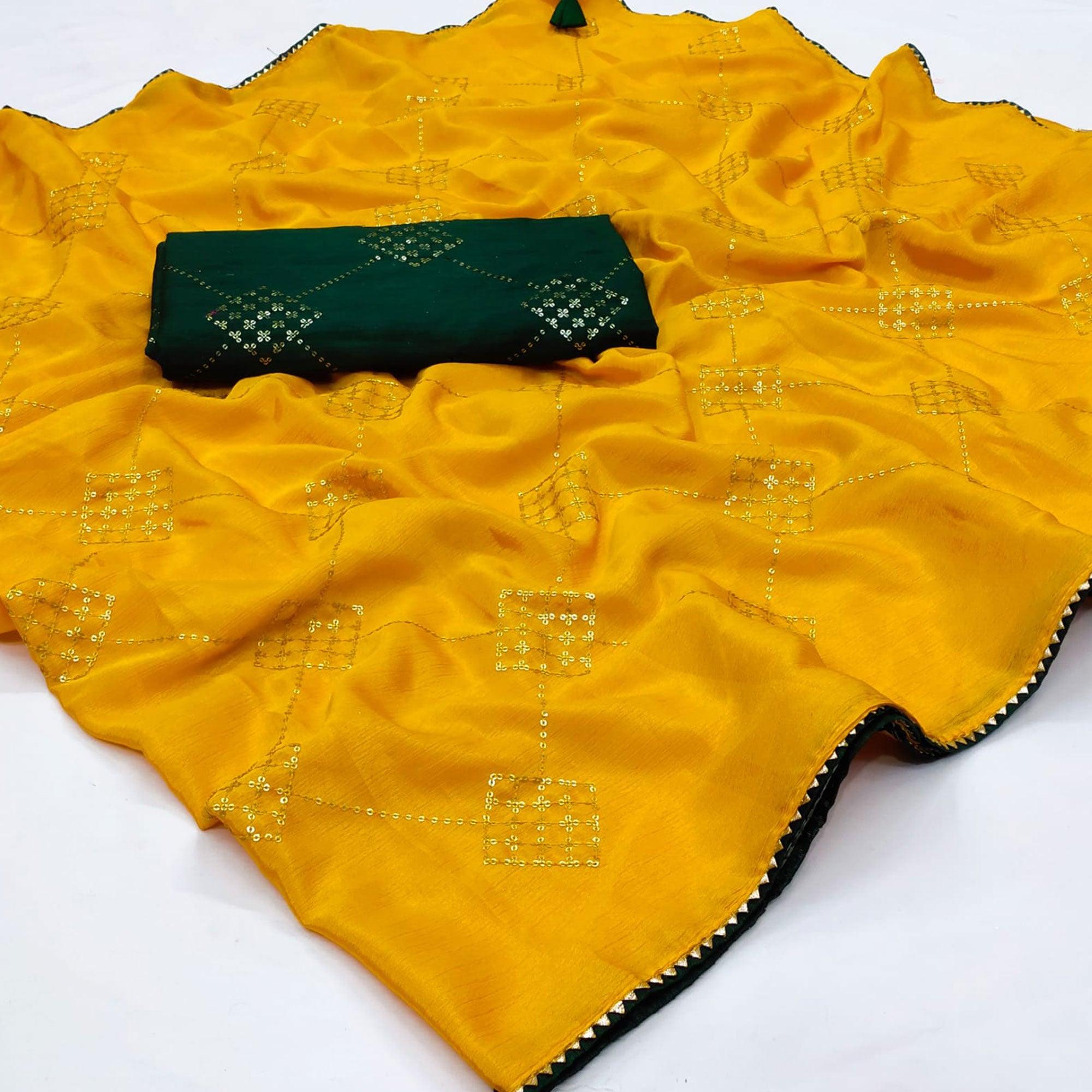 Yellow Festive Wear Sequence Work Chiffon Saree - Peachmode