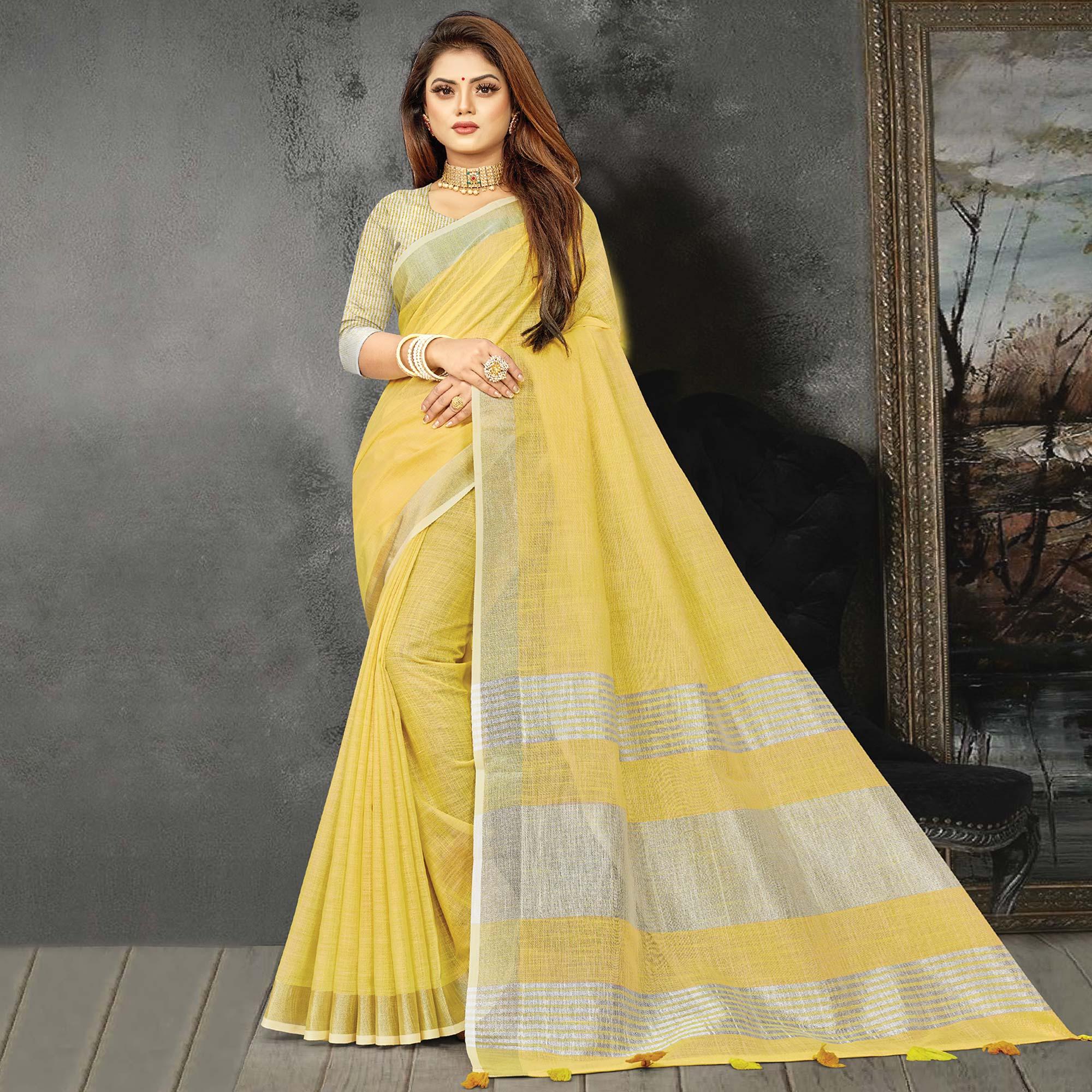 Yellow Festive Wear Solid Linen Saree - Peachmode
