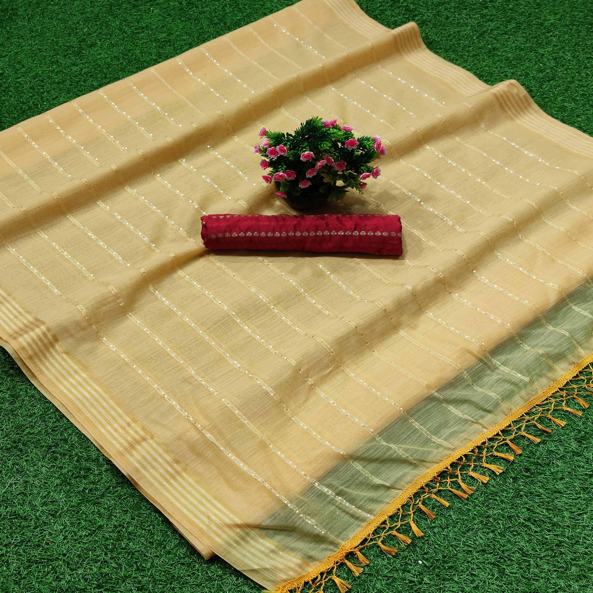 Yellow Festive Wear Stripes With Sequence Woven Work Cotton Saree - Peachmode