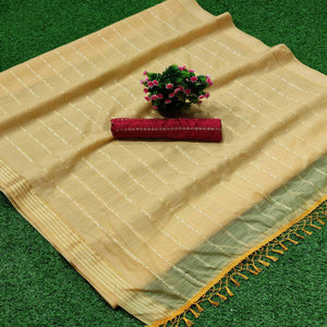 Yellow Festive Wear Stripes With Sequence Woven Work Cotton Saree - Peachmode