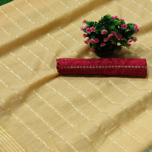 Yellow Festive Wear Stripes With Sequence Woven Work Cotton Saree - Peachmode