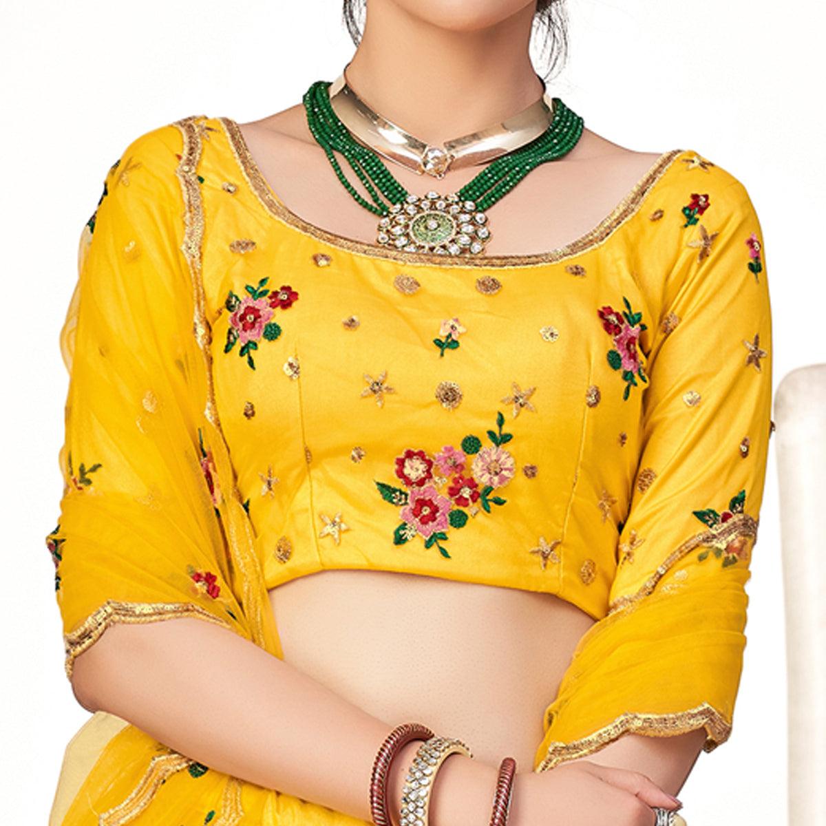 Yellow Festive Wear Thread With Floral Sequence Embroidered Net Lehenga Choli - Peachmode