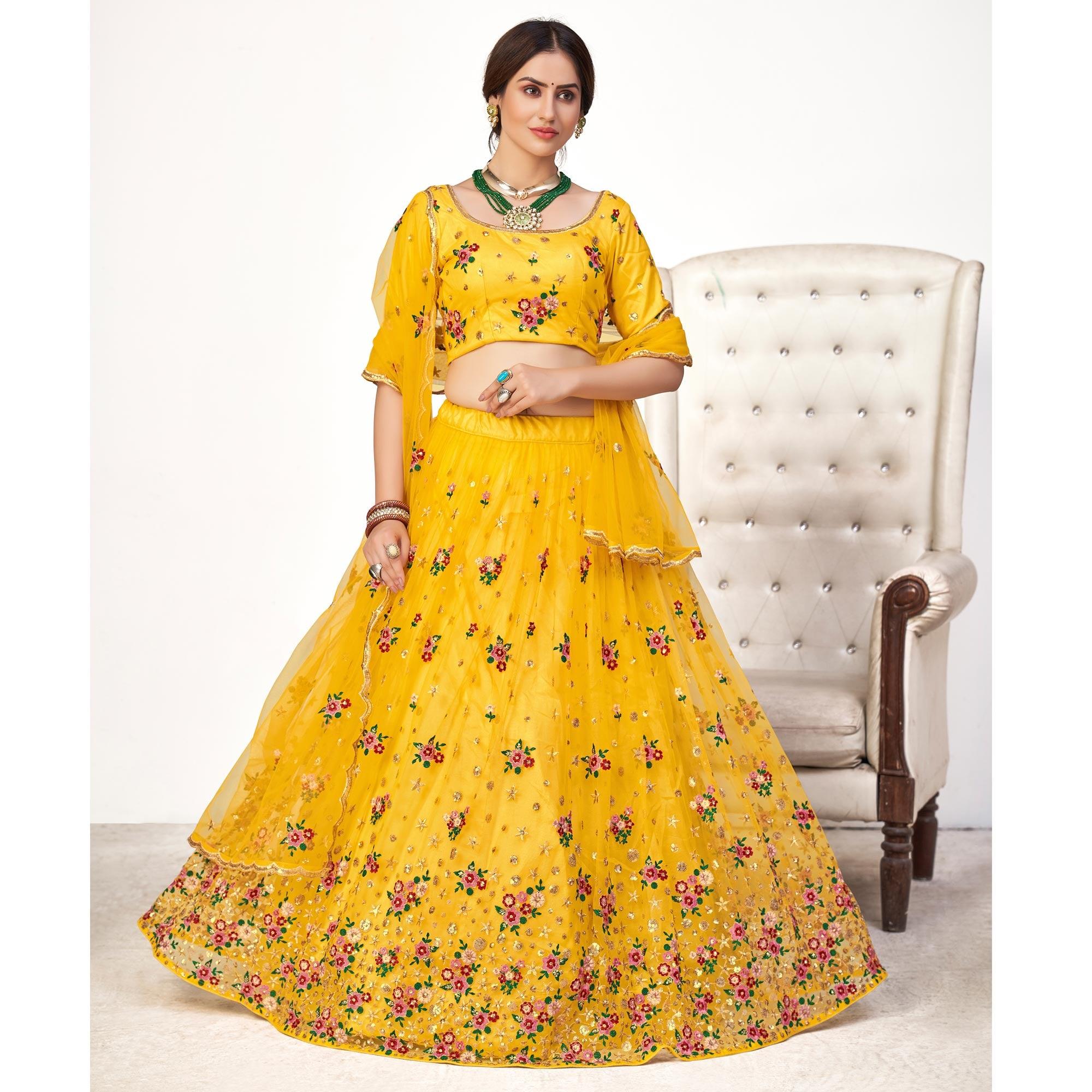 Yellow Festive Wear Thread With Floral Sequence Embroidered Net Lehenga Choli - Peachmode