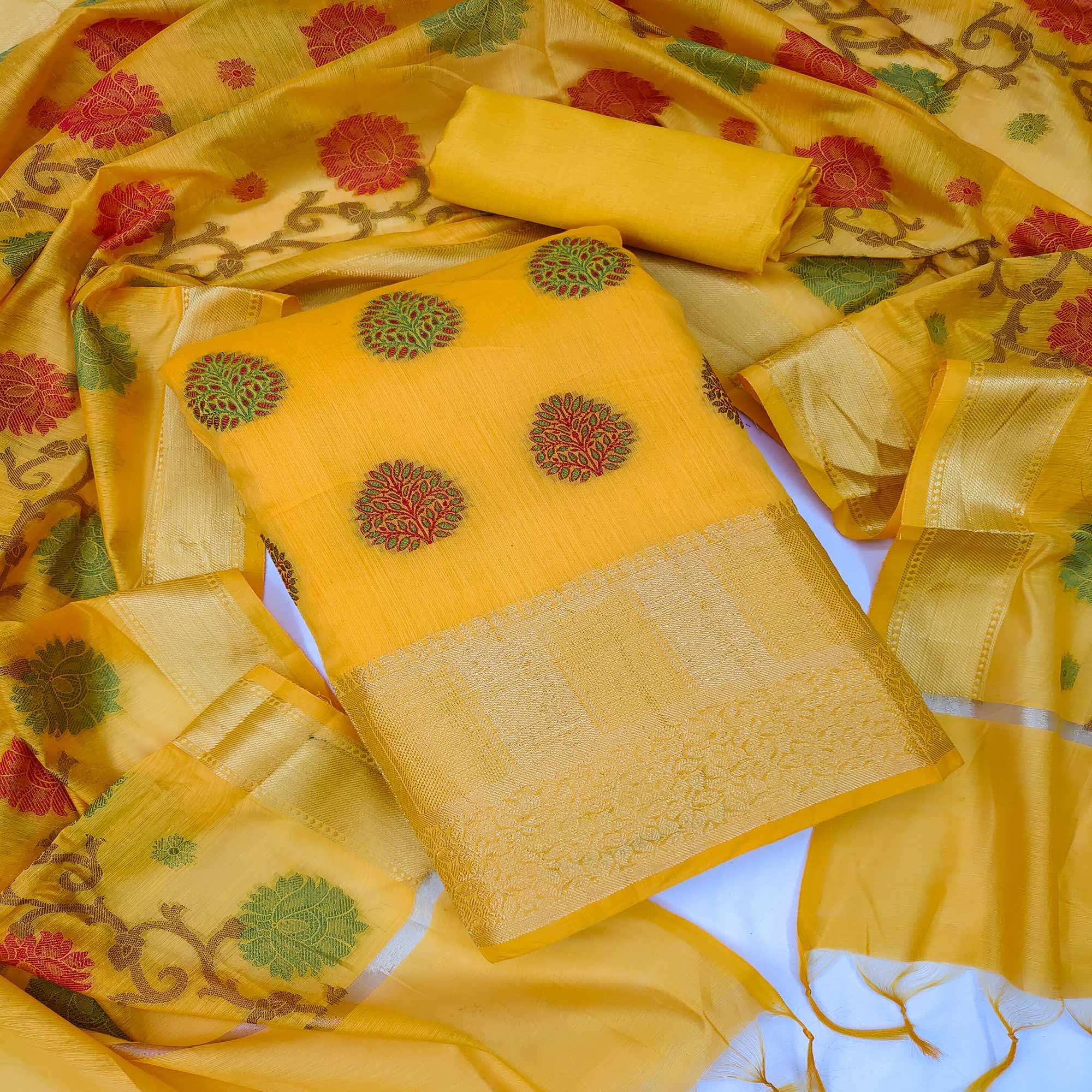 Yellow Festive Wear Woven Banarasi Jacquard Dress Material - Peachmode