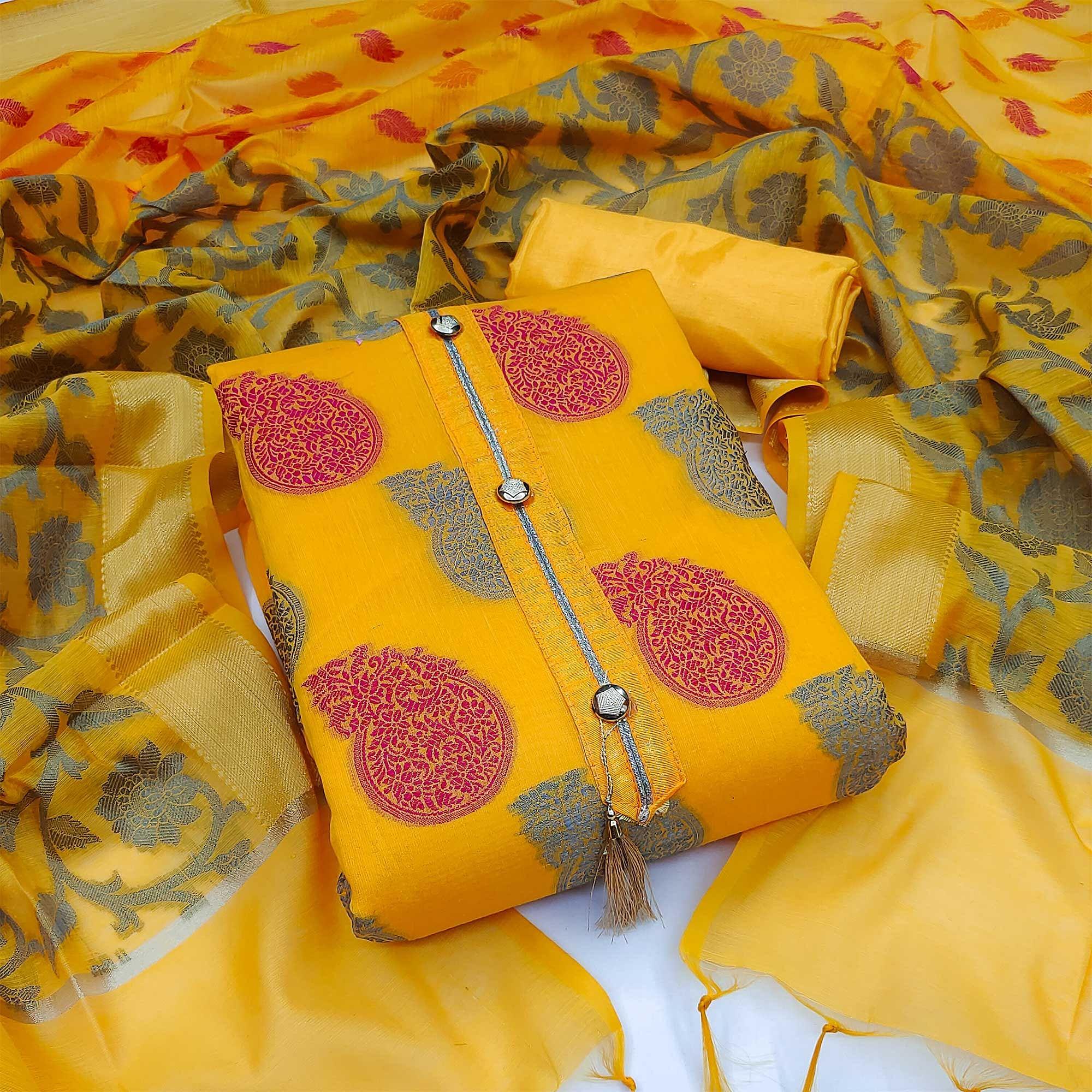 Yellow Festive Wear Woven Banarasi Jacquard Dress Material - Peachmode