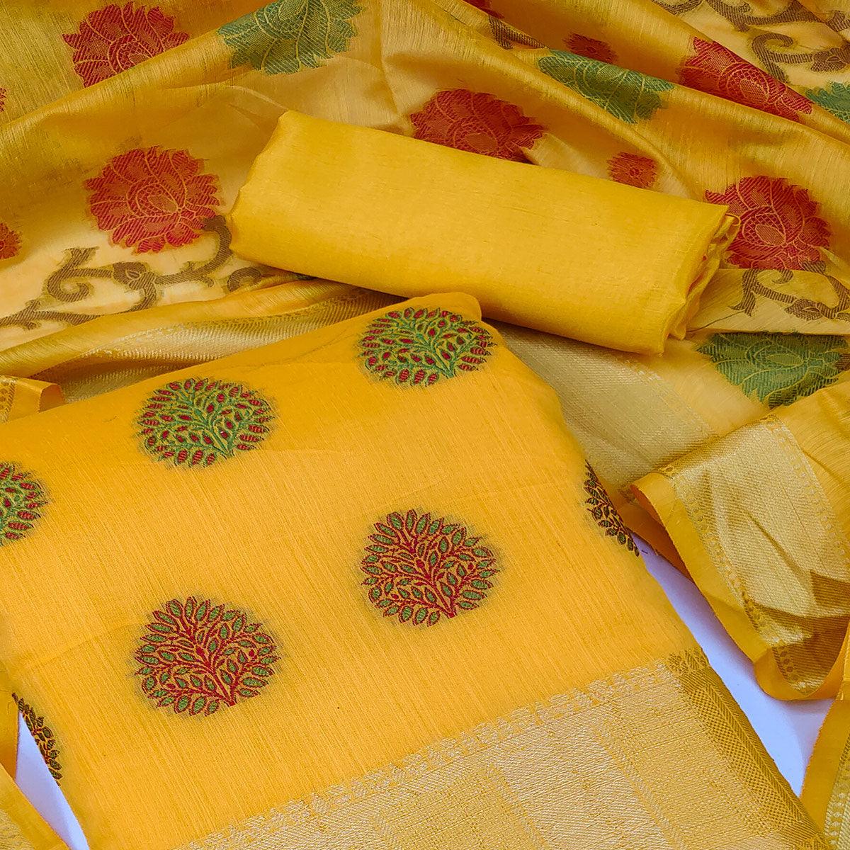Yellow Festive Wear Woven Banarasi Jacquard Dress Material - Peachmode