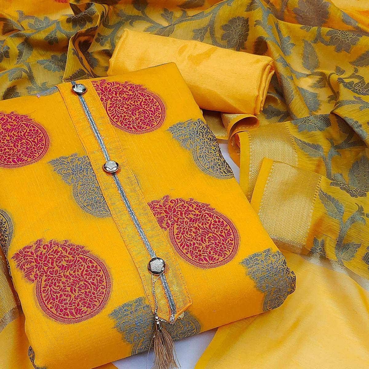 Yellow Festive Wear Woven Banarasi Jacquard Dress Material - Peachmode