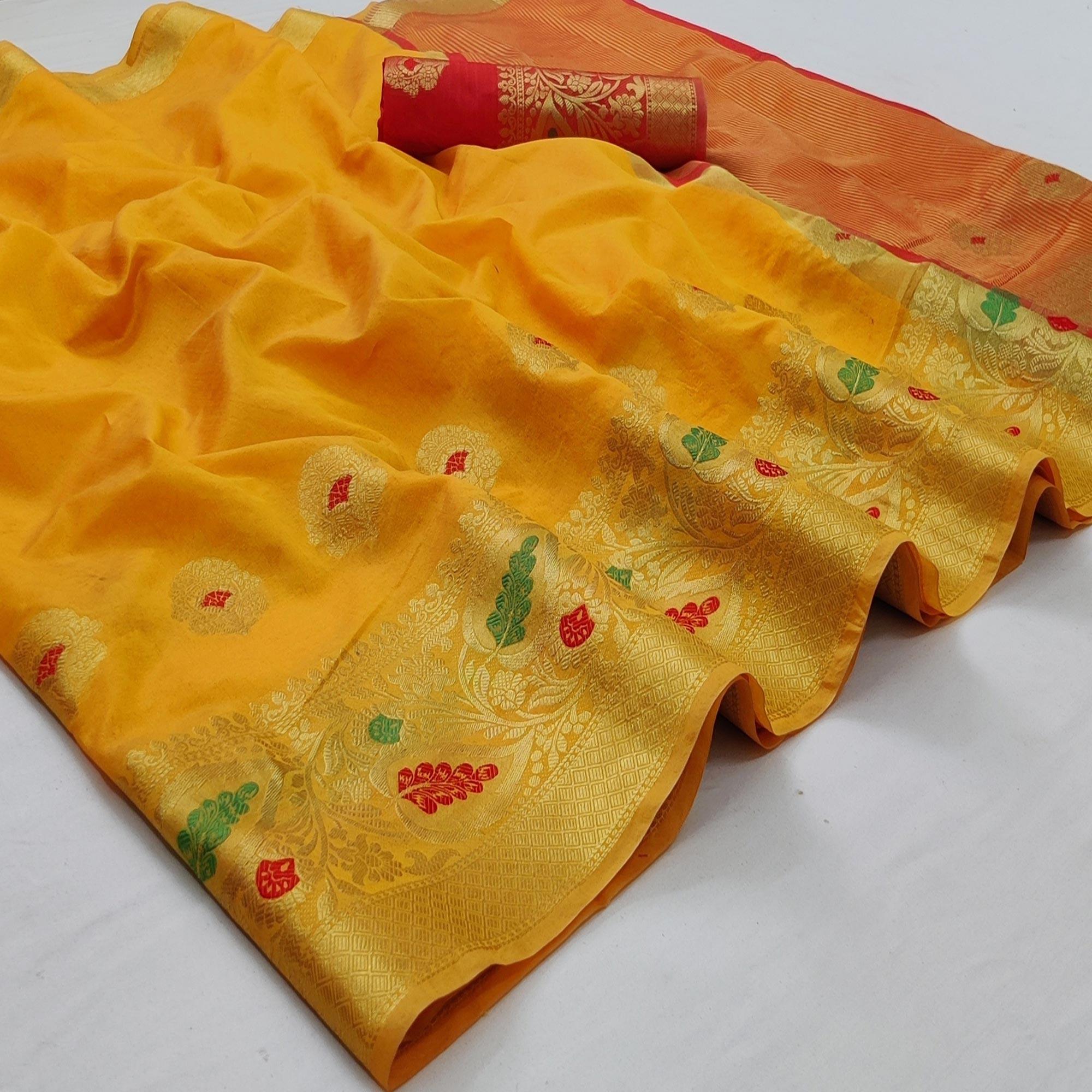 Yellow Festive Wear Woven Banarasi Saree With Butta And Jacquard Border - Peachmode