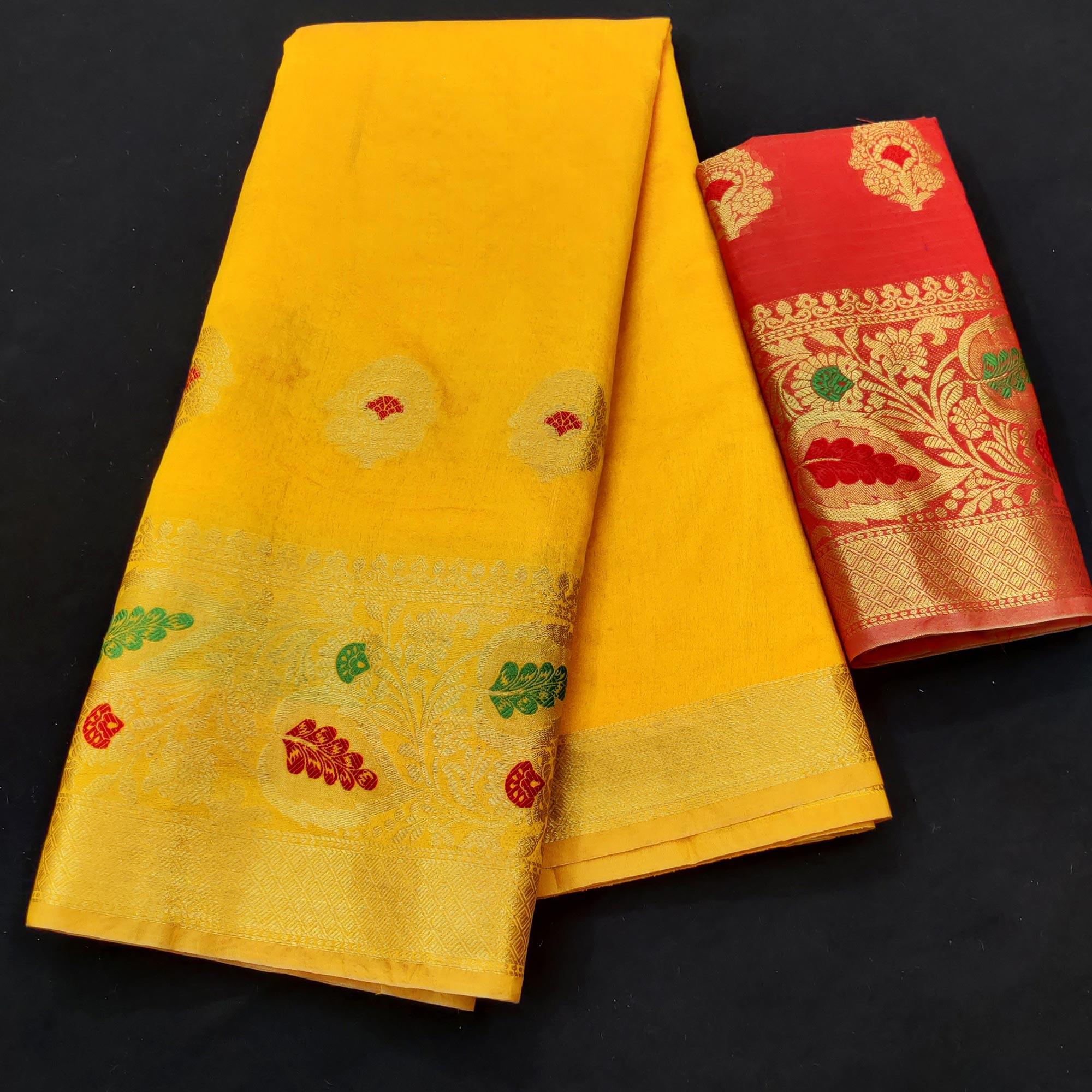 Yellow Festive Wear Woven Banarasi Saree With Butta And Jacquard Border - Peachmode