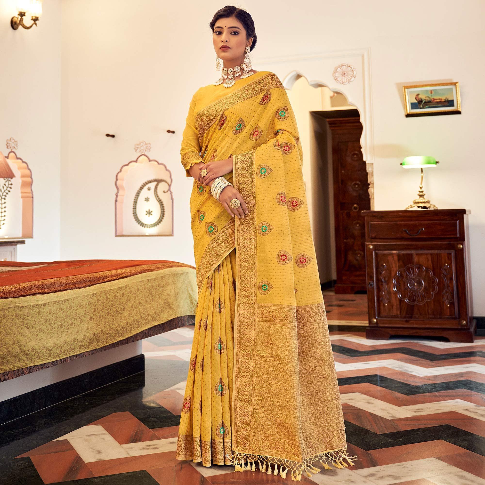 Yellow Festive Wear Woven Banarasi Saree With Tassels - Peachmode