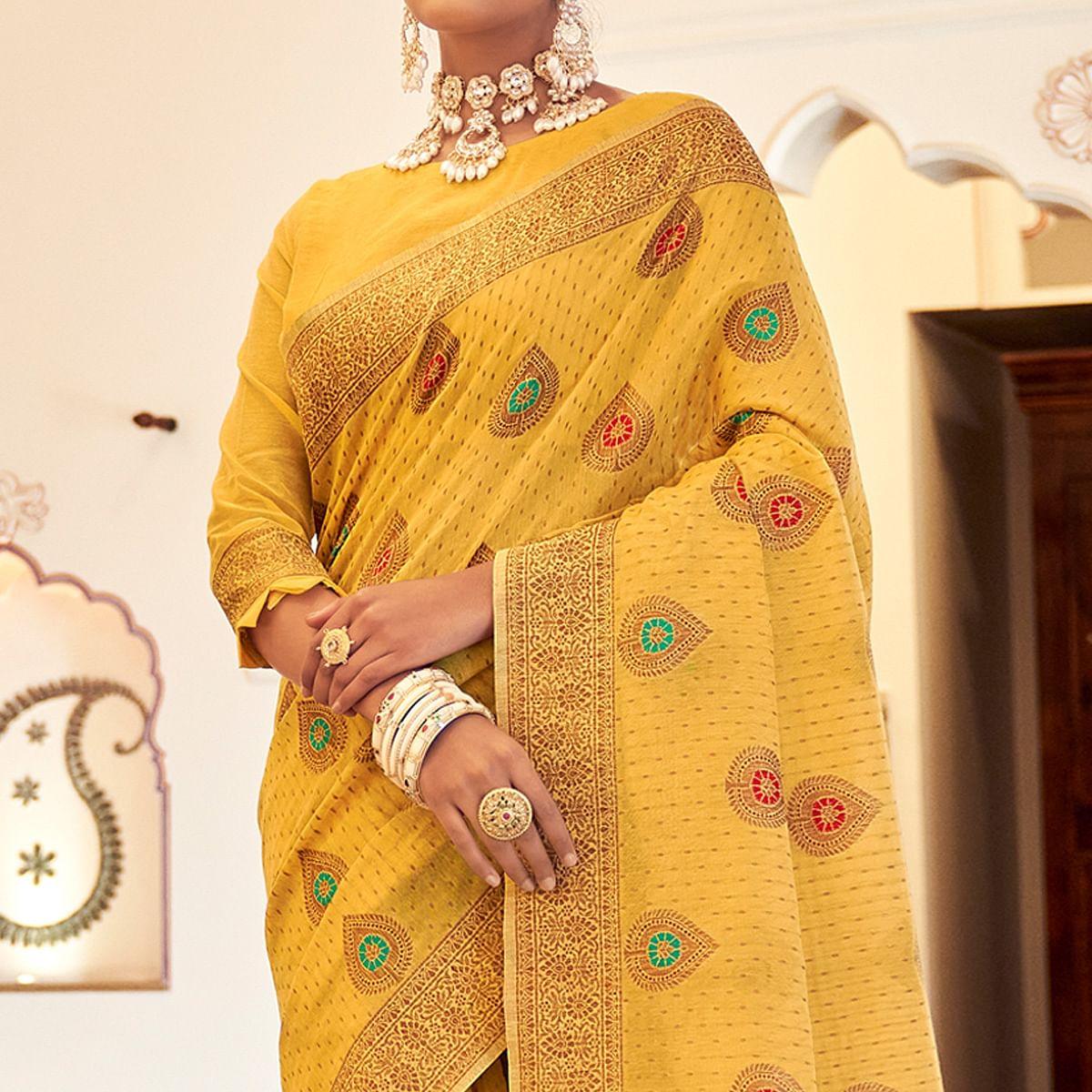 Yellow Festive Wear Woven Banarasi Saree With Tassels - Peachmode