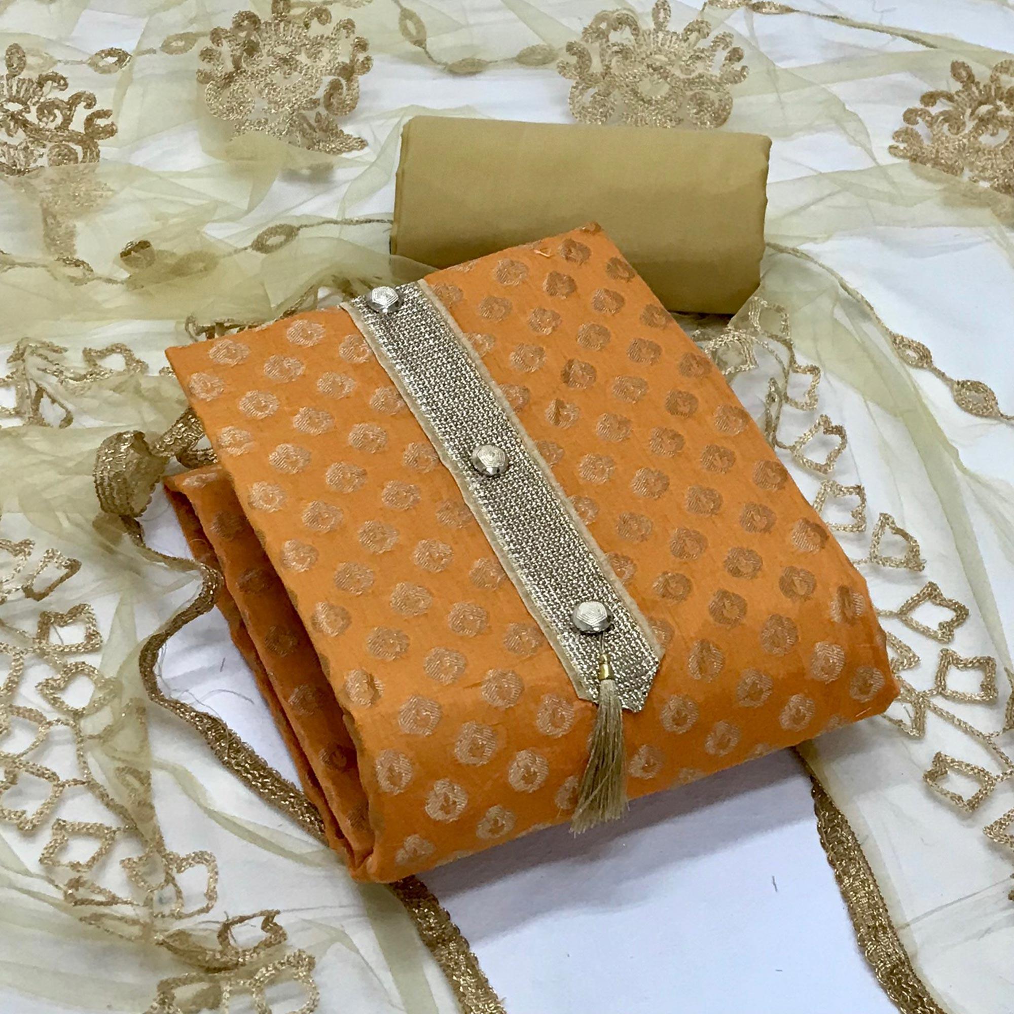 Yellow Festive Wear Woven Banarasi Silk Dress Material - Peachmode