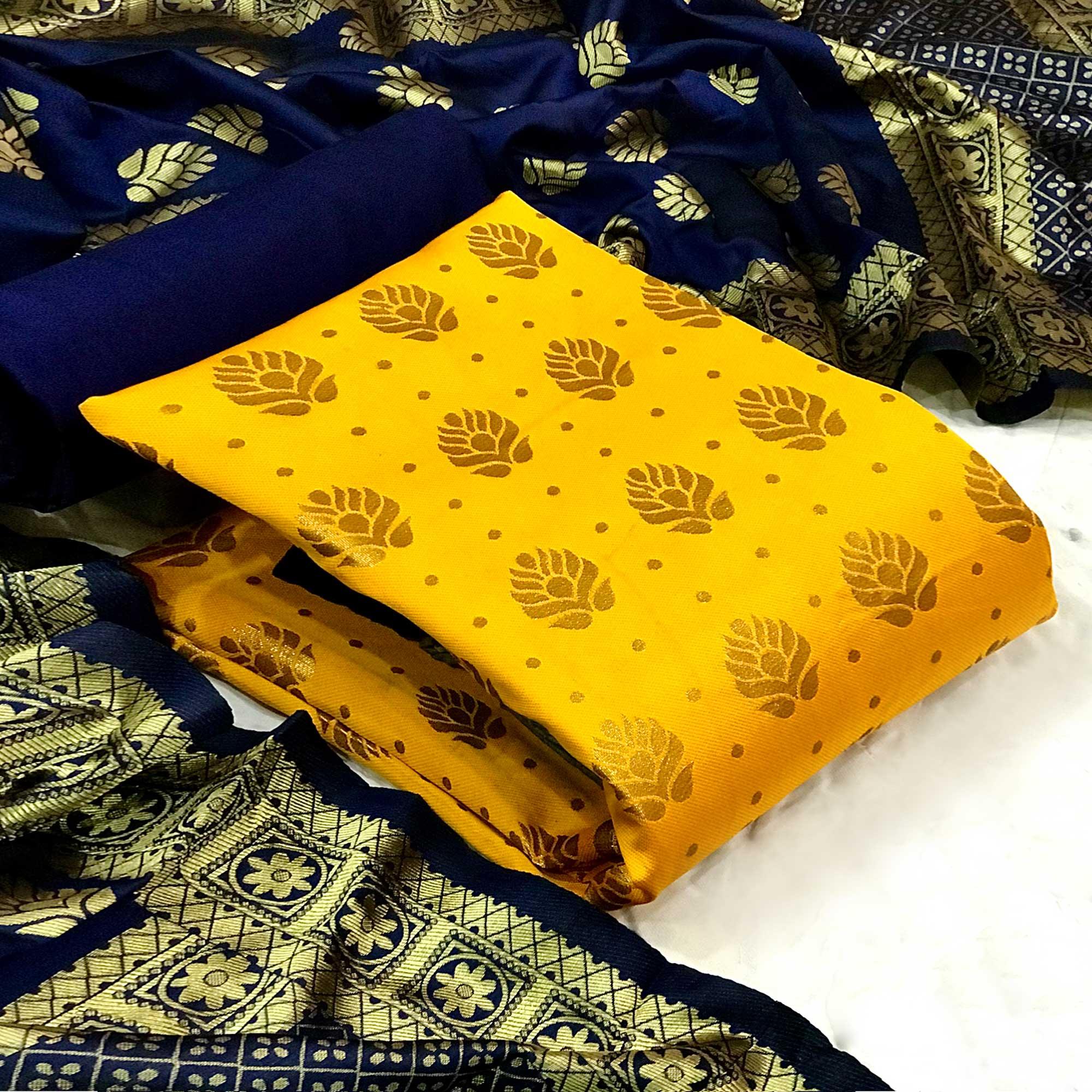 Yellow Festive Wear Woven Banarasi Silk Dress Material - Peachmode