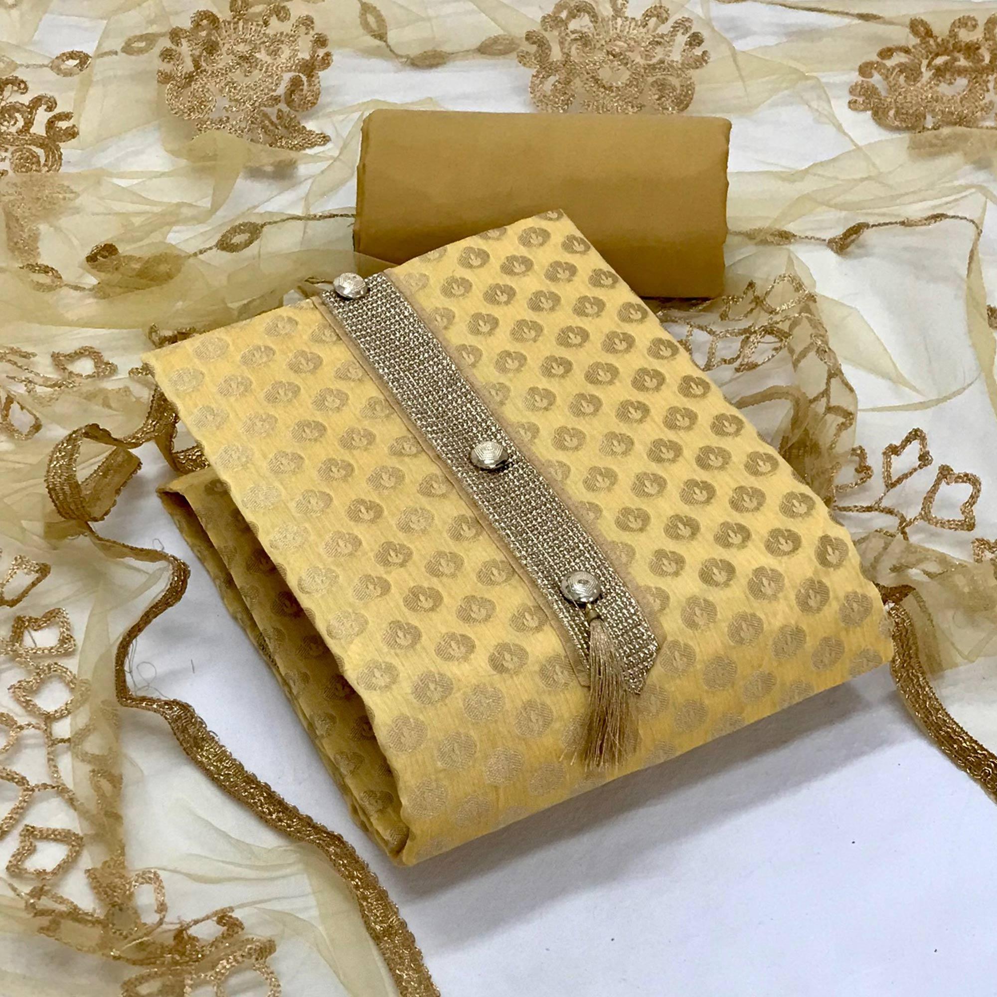 Yellow Festive Wear Woven Banarasi Silk Dress Material - Peachmode