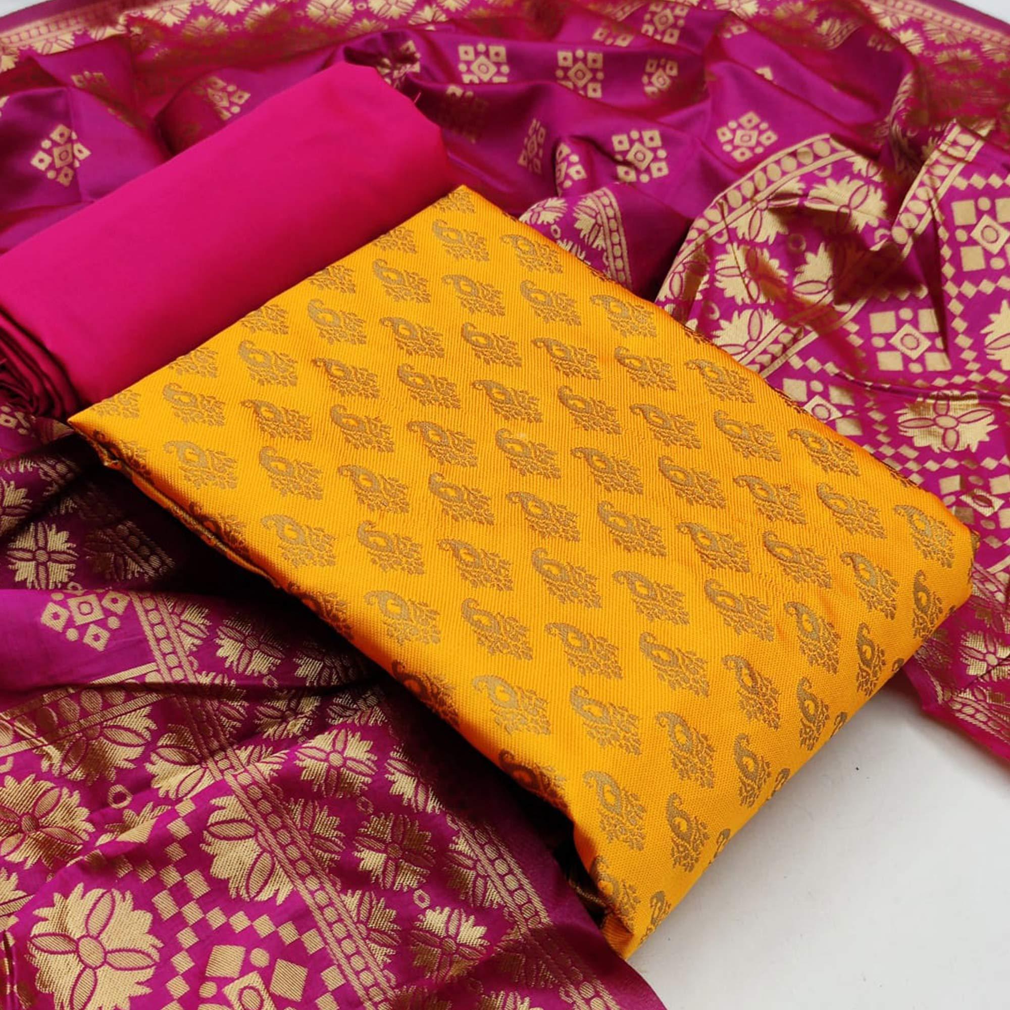 Yellow Festive Wear Woven Banarasi Silk Dress Material - Peachmode