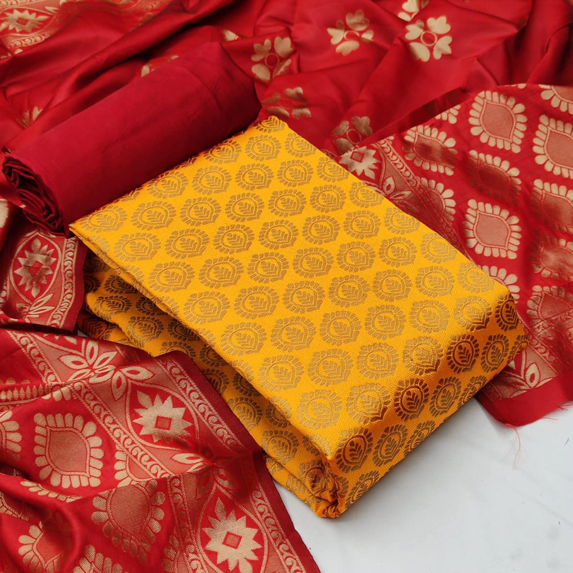 Yellow Festive Wear Woven Banarasi Silk Dress Material - Peachmode