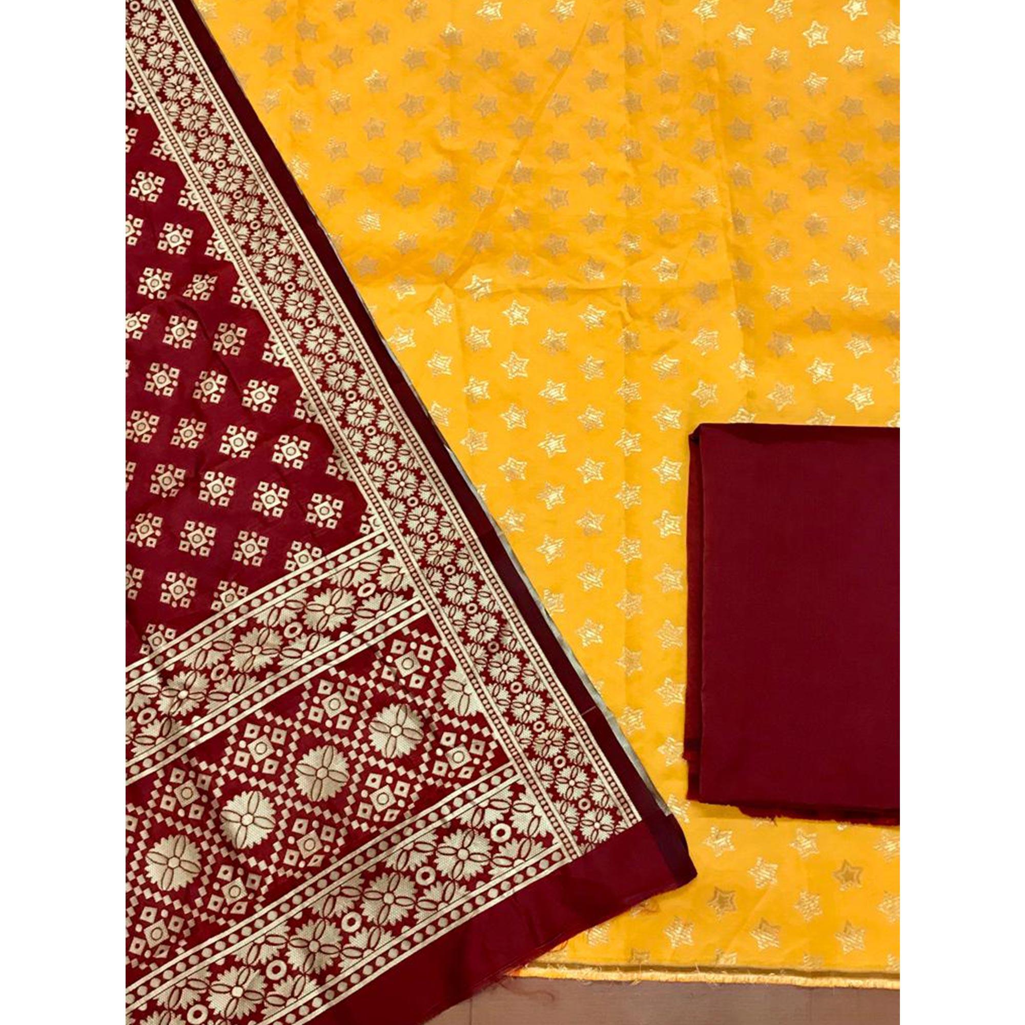 Yellow Festive Wear Woven Banarasi Silk Dress Material - Peachmode