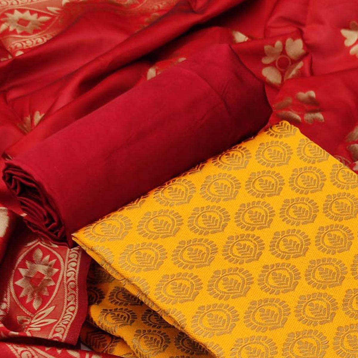 Yellow Festive Wear Woven Banarasi Silk Dress Material - Peachmode